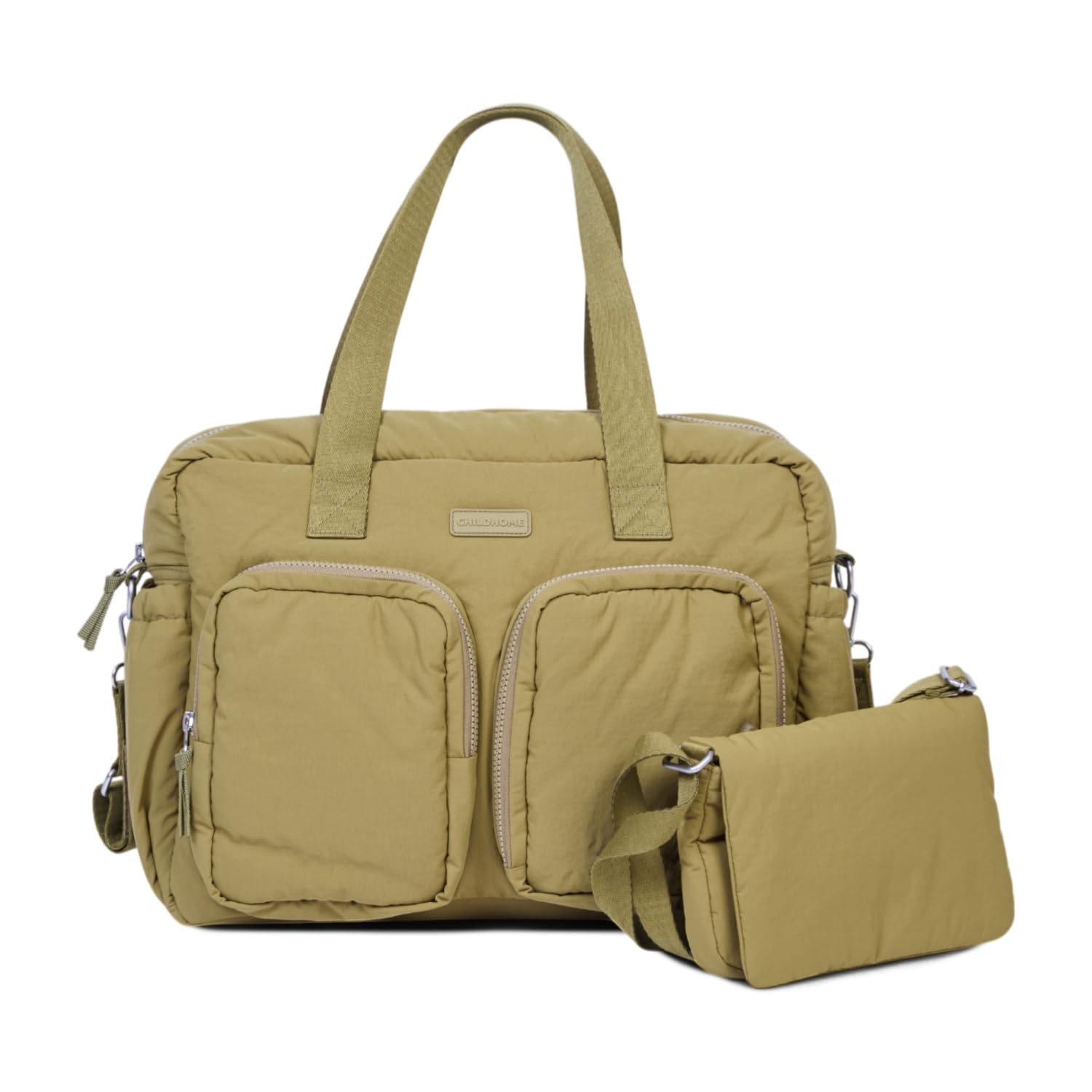 CHILDHOME, Wickeltasche Mellow, Gepolsterte All-In-One Nursery Tasche, Mehrere Fächer, Thermotasche, Feuchttücher Fach, Zubehör Inklusive, Khaki