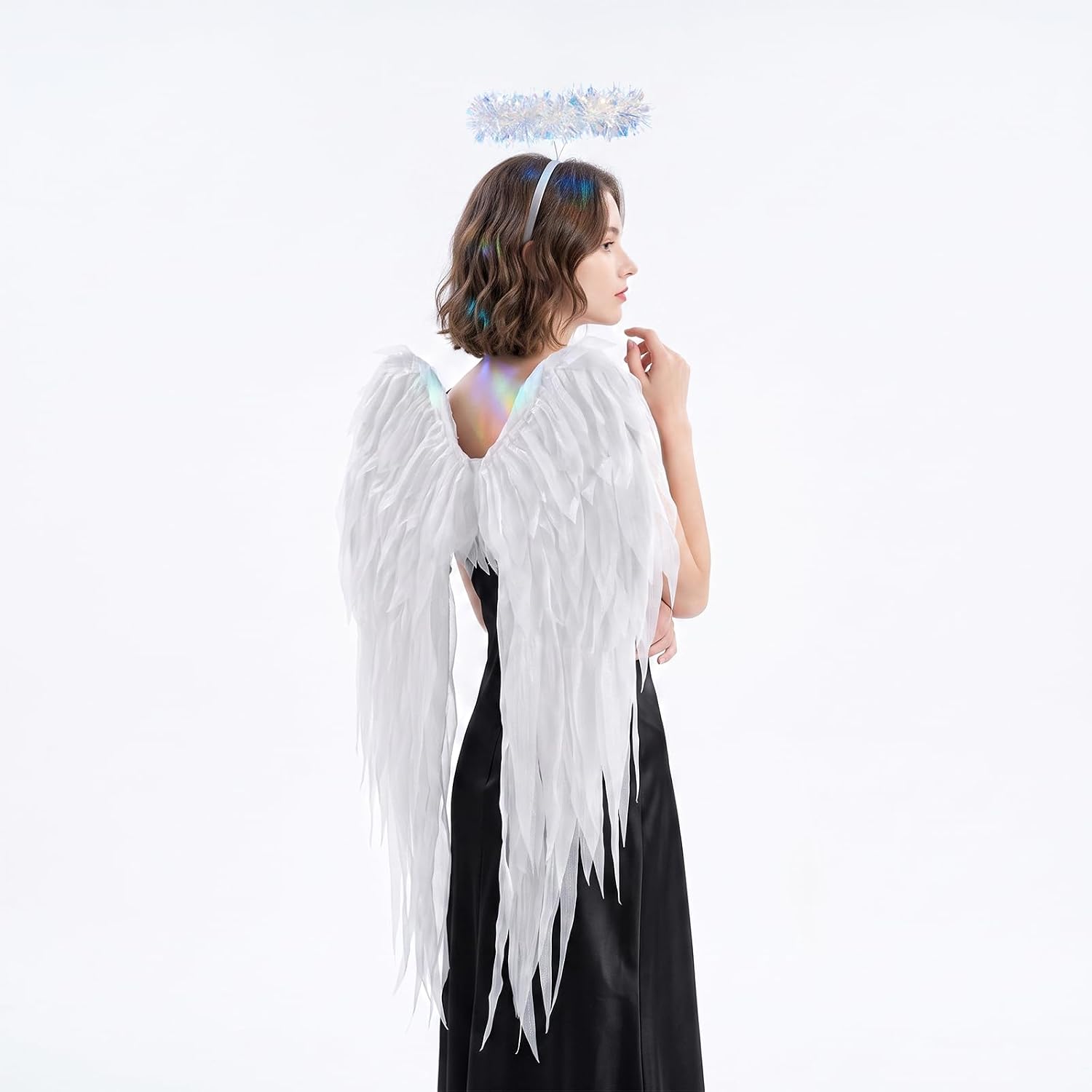 CRTEPST Angel Wings and Halo Headband for Women Adults Girls- White Chiffon Fairy Wings, Elegant Costume Accessories for Halloween Christmas Party Cosplay