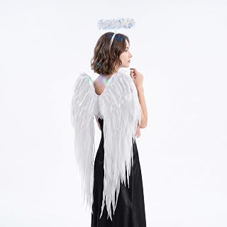 CRTEPST Angel Wings and Halo Headband for Women Adults Girls- White Chiffon Fairy Wings, Elegant Costume Accessories for Halloween Christmas Party Cosplay