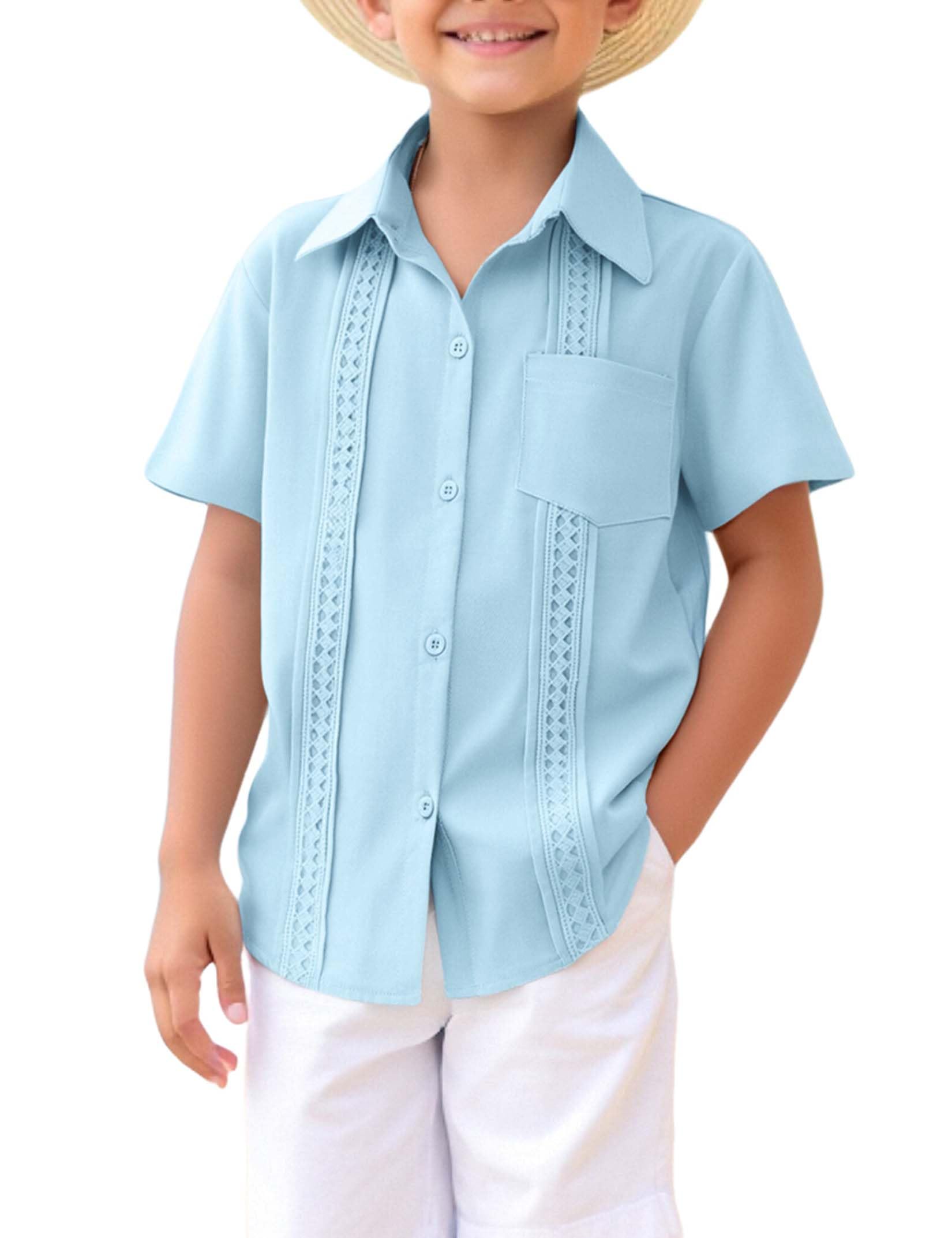 Jungen-Guayabera-Hemd, kurzärmelig, Button-Down, Freizeithemd mit Brusttaschen, für Sommer, Hawaii-Urlaub, 4–13 Jahre