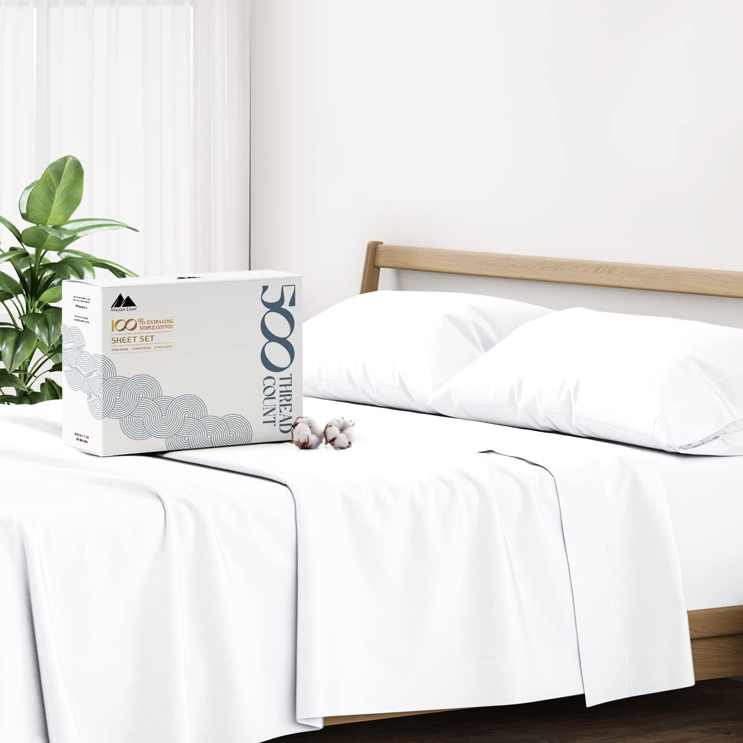 Mayfair Linen 100% Cotton Sheets Queen Size Bed Set - 500 Thread Count Sheets Queen Size 4 PC Set (White), Soft, Cooling, Hotel-Quality 16" Deep Pocket Cotton Bedsheet for Hot Sleepers