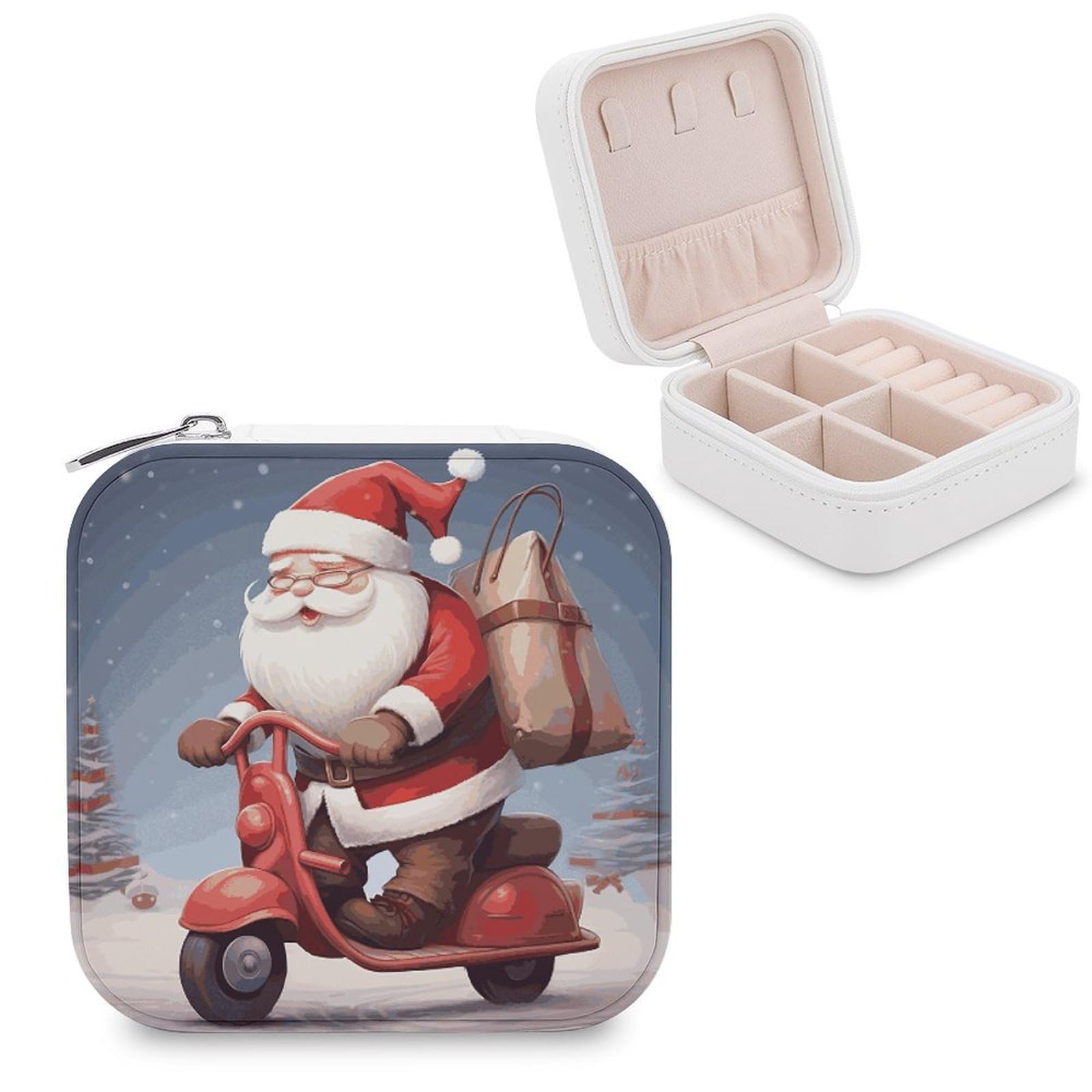 FekiLoot Santa Claus on Scooter Jewelry Box Exquisite Jewelry Organizer Silver Gold Trinket Storage Case Multi Compartments Cute Earrings Ring Necklace Holder For Woman Household Gift