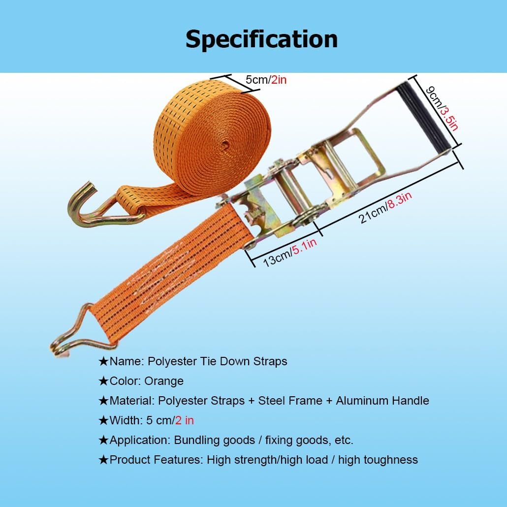 2 Pack 3.0-20.0 M Length 2" Width Ratchet Strap Tie Down, 11023 LBS Break Strength, Cargo Lashing Strap with Double J Hooks(Oranje,8.0m/26.2Ft)