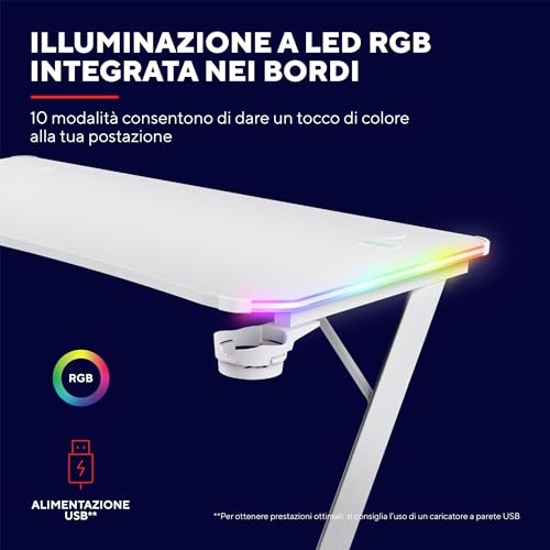 GXT 709W Luminus Scrivania Gaming LED RGB, 10 Modalità Colore, Alimentazione USB, Tavolo Gaming 120 x 60 con Supporto per Cuffia e Portabicchiere, Scrivania Bianca Ufficio, Streaming - Scrivania Gaming - Immagine 4