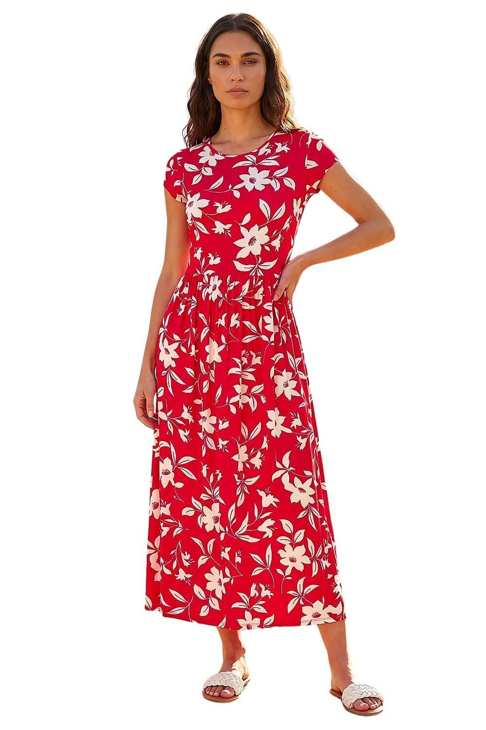 Roman Midi Dress with Pockets for Women UK Ladies Stretchy Jersey Maxi Long Short Sleeve Elasticated Gathered High Waist Boho Flattering Skater Swing Fit Flare - Floral Red White - Size 18