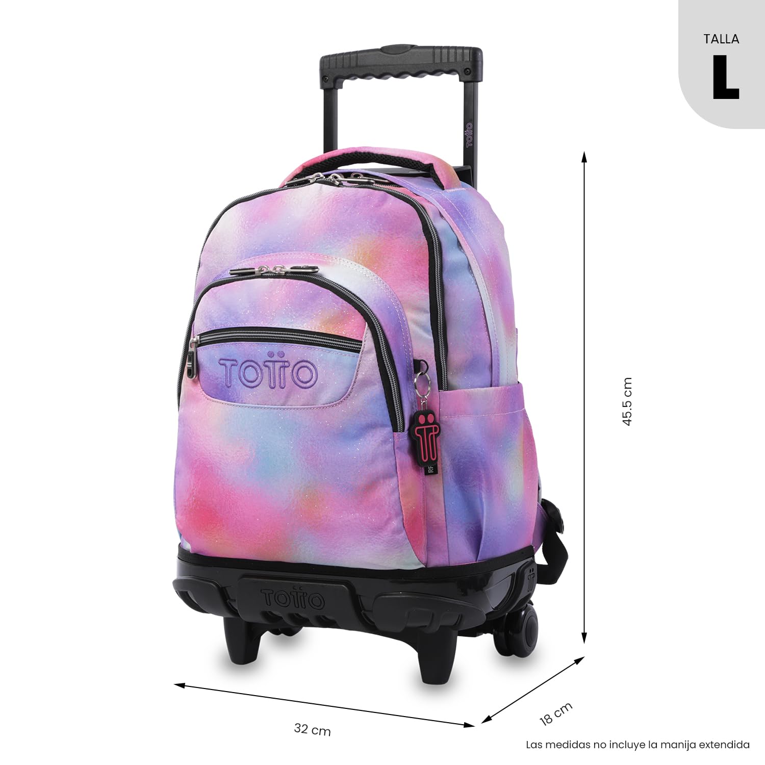 TOTTO - Mochila Escolar con Ruedas, Modelo Renglones Glitter, Capacidad 26,21 Litros, Bolsillo para PC 15,4", Bolsillo Botella, Correas en S para Mayor Comodidad, Resistente, Estampado Bloom
