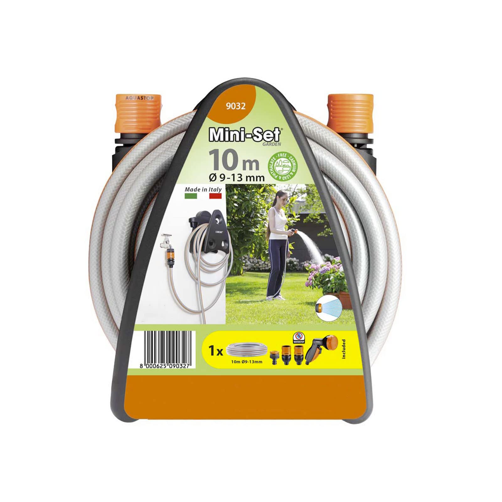 Mondo Viro Mini set garden con tubo da 10 mt, raccordi, riduttori, pistola a doccia e pratico portatubo compatto