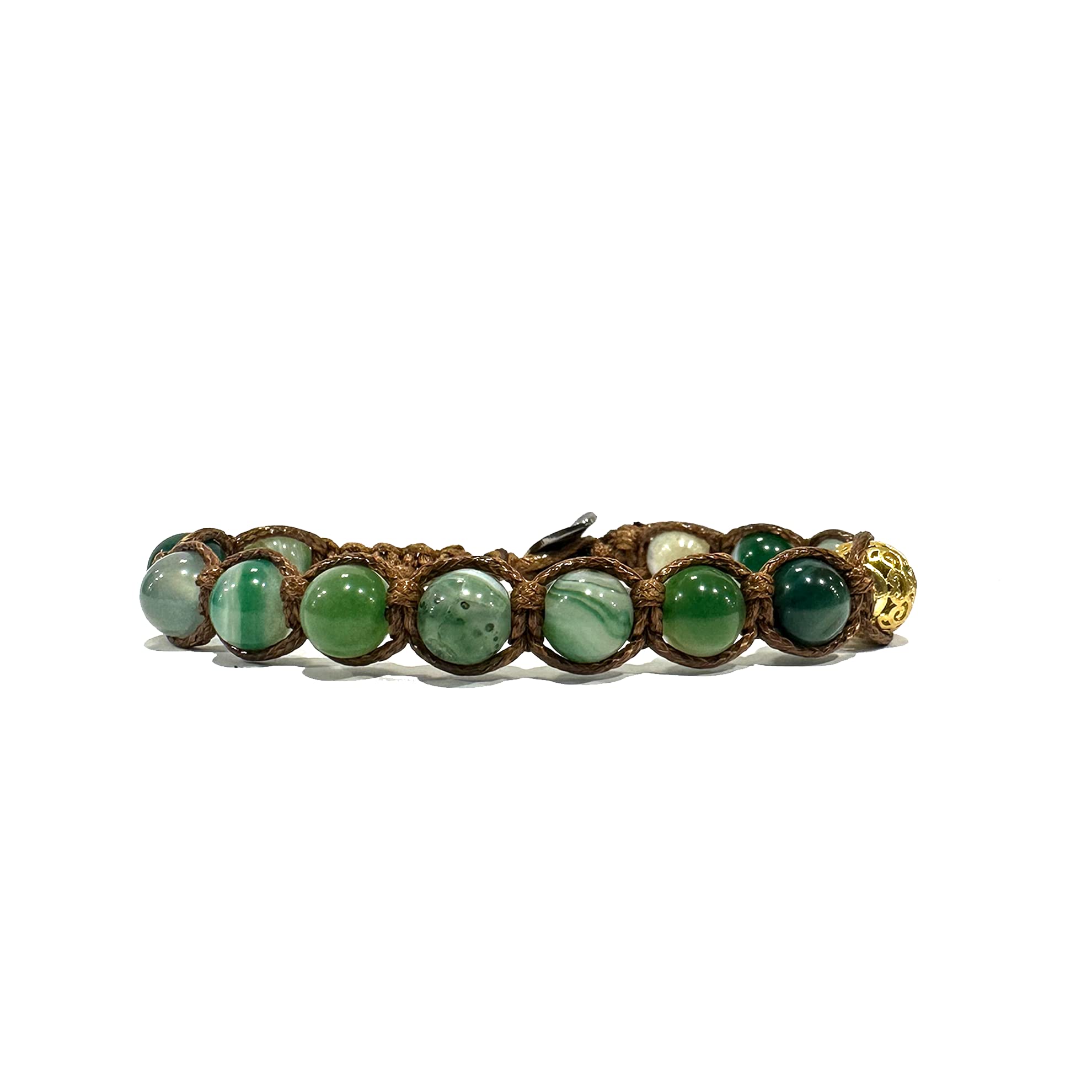 SamsaraTibetan Buddhist Bracelet - Shamballa with Green Striped Agate - Waxed Cotton Thread