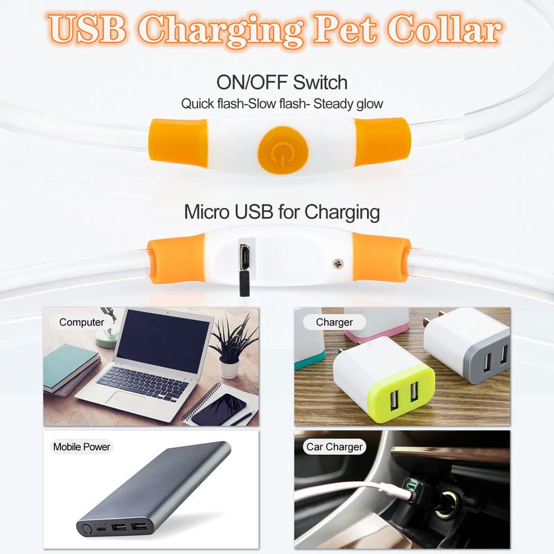 Sofore Collare Luminoso per Cani,Luz de Collare Luminoso Per LED Para la Oscuridad,USB Recargable 3 Modos de Flash Collare Luminoso per Cani Ricaricabile Tamaño Ajustable,Adecuado para Perros,Arancia