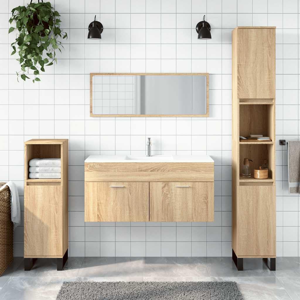 Mobile Da Bagno In Legno Effetto Rovere Sonoma Con Specchio, Design Moderno Da Parete, Mobile Bagno Con Spazio Contenitore, Mobiletto Bagno Con Specchio E Lavabo, 100x38.5x46 Cm