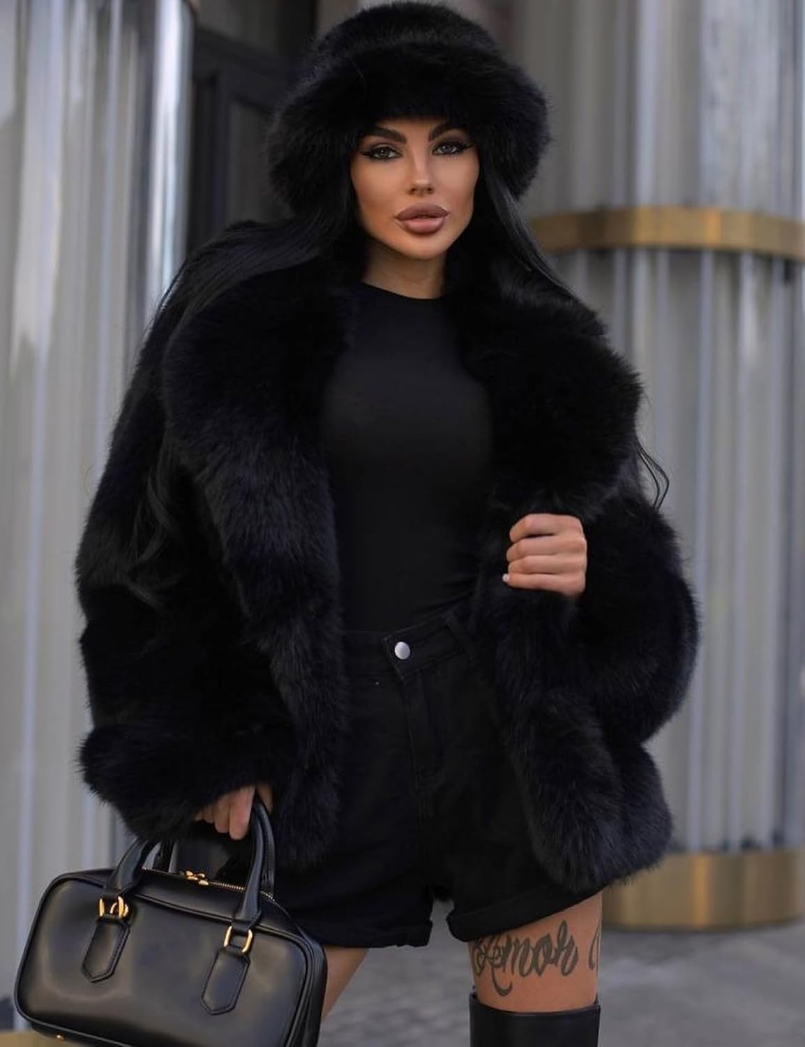 Flygo Women's Faux Fur Coat Fluffy Faux Fur Jacket Long Sleeve Lapel Furry Winter Jackets Shaggy Parka Short Coat - Image 2