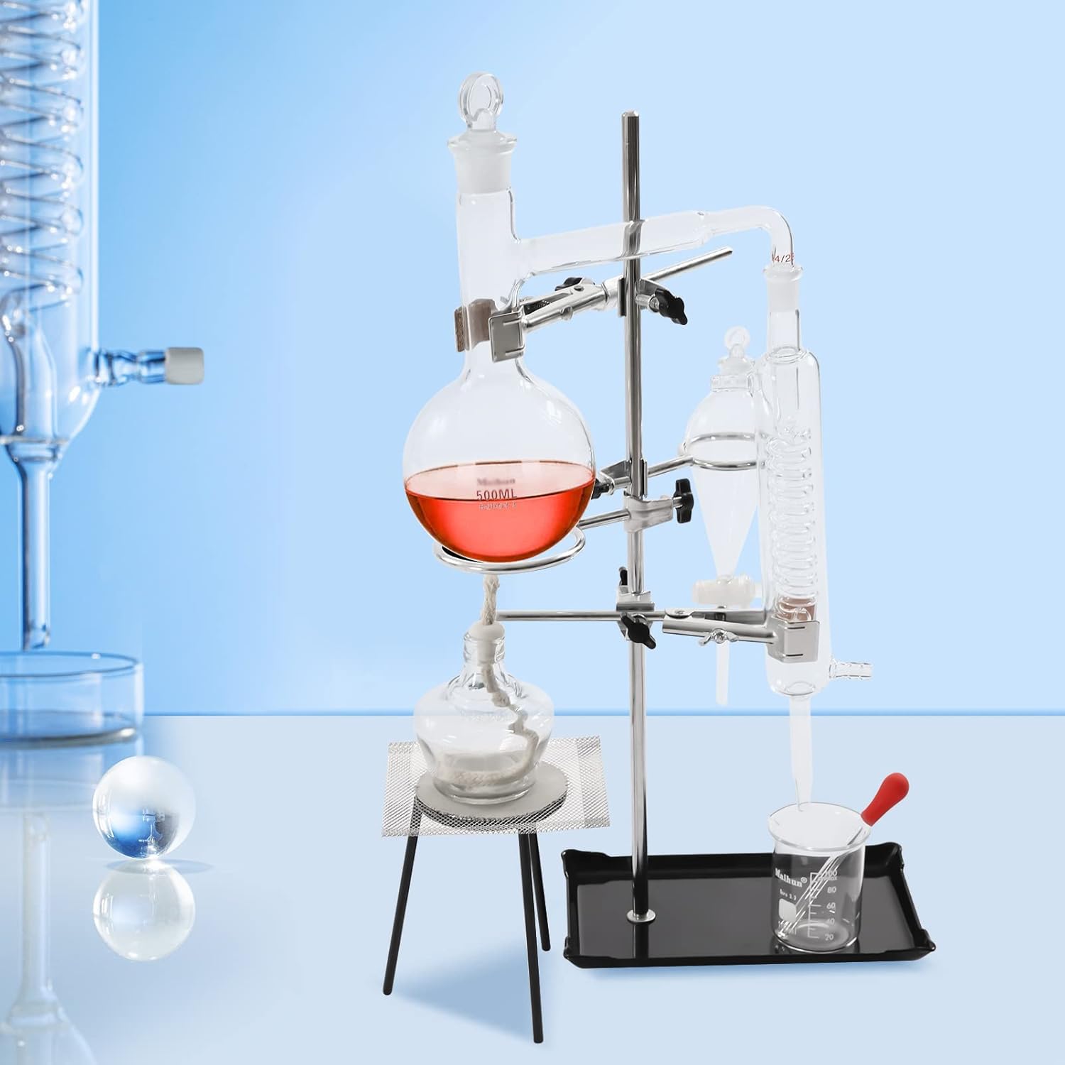 NGARY Zestaw do destylacji 500 ml, urządzenie do destylacji szkła laboratoryjnego z lampą alkoholową, pogrubionym kolbą, sitkiem ceramicznym i chłodnicą serpentynową do nauk przyrodniczych w domu