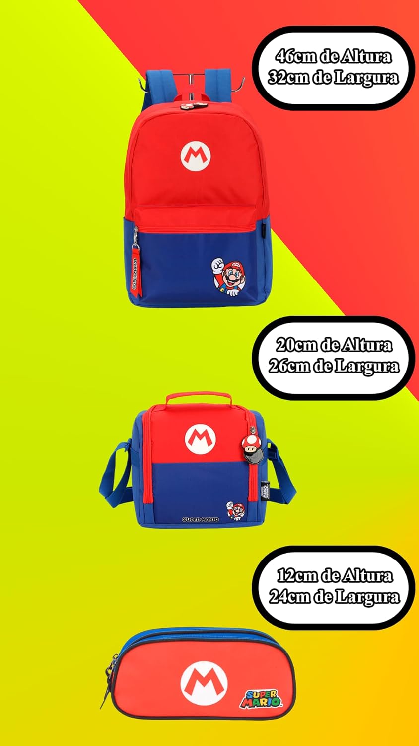 Mochila Escolar Super Mario com Lancheira e Estojo, Kit 3 Peças, Vermelha e Azul, 46cm de Altura em promoção! Veja a oferta e mais achadinhos de Mochilas escolares 3 Hoje é o melhor dia para comprar Mochila Escolar Super Mario com Lancheira e Estojo, Kit 3 Peças, Vermelha e Azul, 46cm de Altura com aquele preço maroto! Promoção! Aproveite a oferta! 3