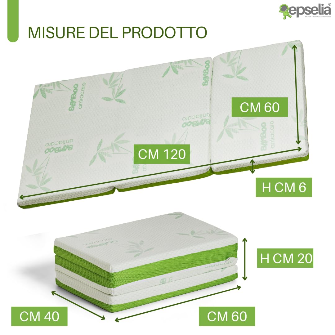 EPSELIA Materasso Lettino per Bambini Pieghevole BAMBU' BIO con Borsa per Viaggio o Campeggio, cm 60x120 H6 Certificato Antisoffoco EN16890:2017 Poliuretano con Fori CertiPUR™ OEKO-TEX®