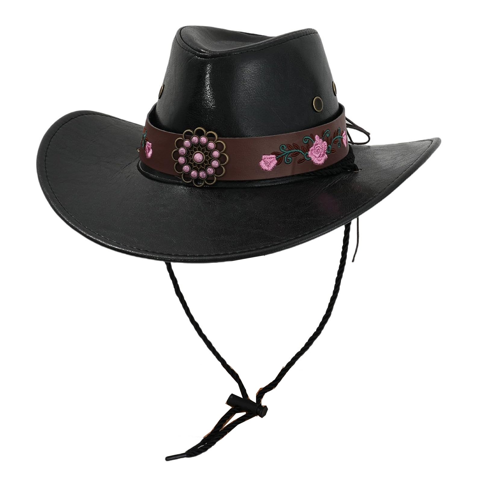 Cappello da Cowboy In Pelle Pu Per Donna-Uomo A Tesa Larga Classico Vintage Cappello Western Cappello da Cowgirl con Cintura Ricamata