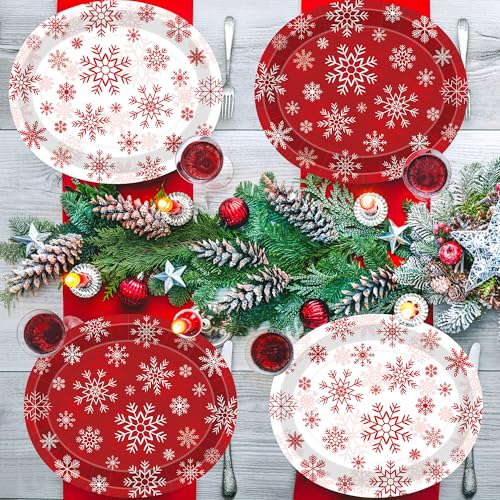 QZYL 50 PCS Christmas Paper Plates, 12.2×10.2 Inches Oval Snowflake Plates Christmas Party Decorations, Red White Platters Xmas Party Dinnerware, Holiday Party Supplies BBQ New Year Tableware – Image 5