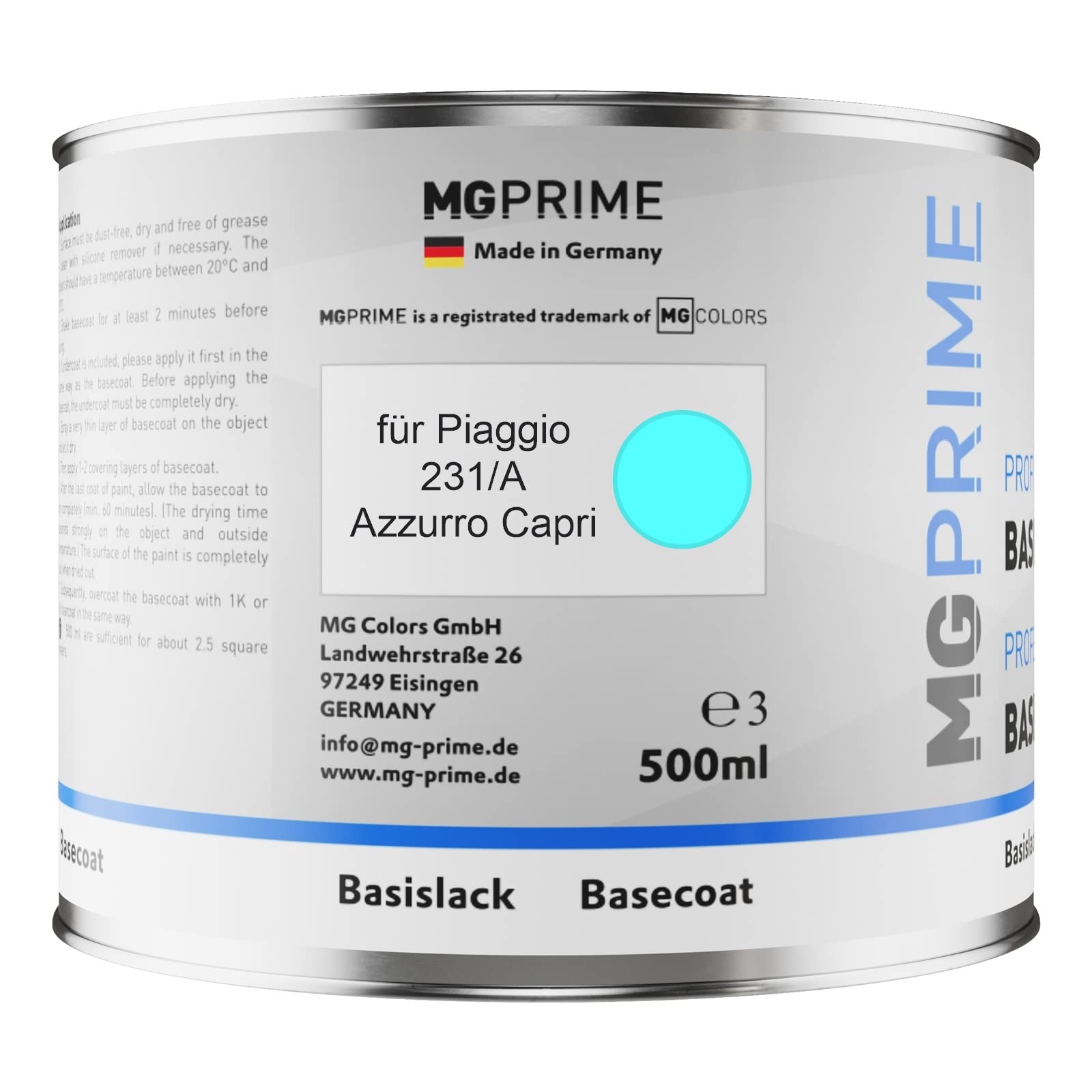 MG PRIME Pots de Peinture voiture pour Piaggio 231/A Azzurro Capri 1,25L