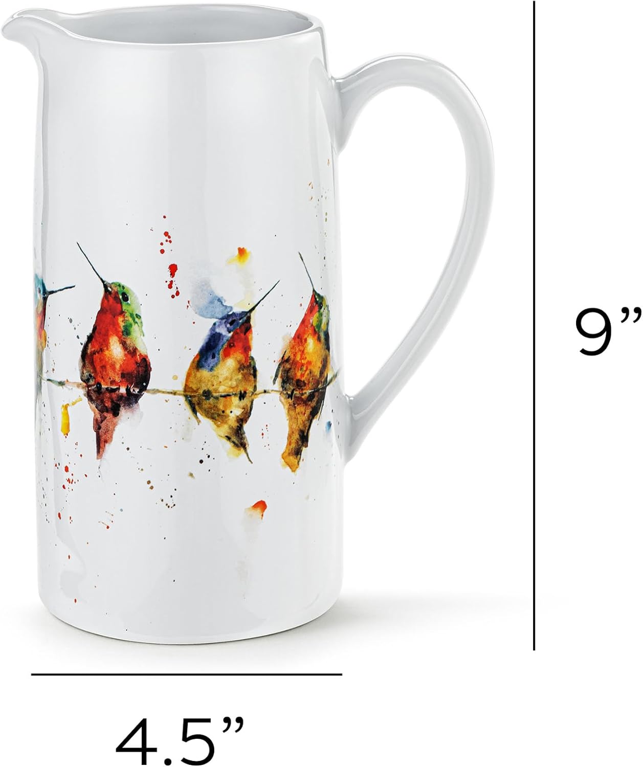 DEMDACO Dean Crouser Vibrant Watercolor Style Hummingbirds On A Wire Multicolor 50 Ounce Ceramic Stoneware Water Pitcher Carafe Decanter Serveware Container, Flower Vase, Centerpiece Décor