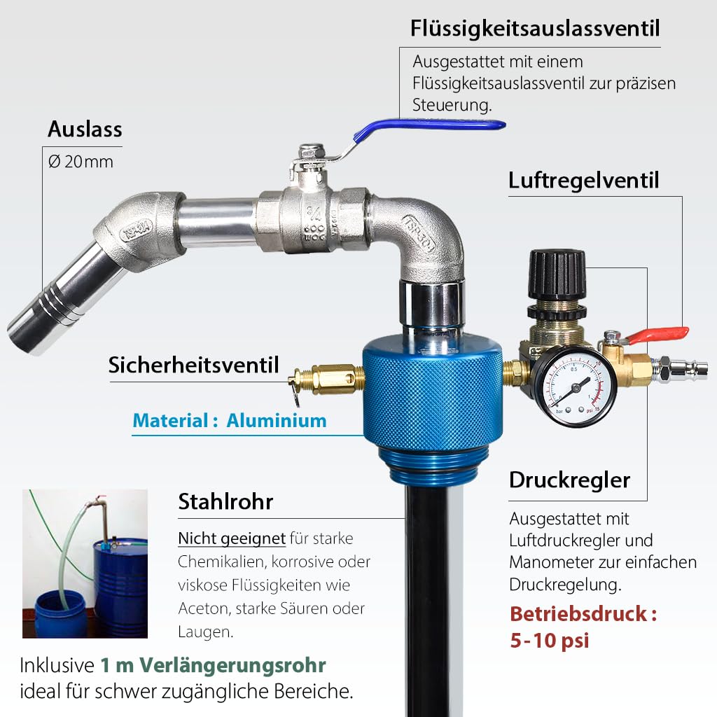 FIRSTINFO Pneumatische Fasspumpe 200L, 1:1 Pumpe für Öl und Kraftstoff, Flüssigkeitsspender für Offene Behälter, Geeignet für Motoröl und Diesel, A1183EU