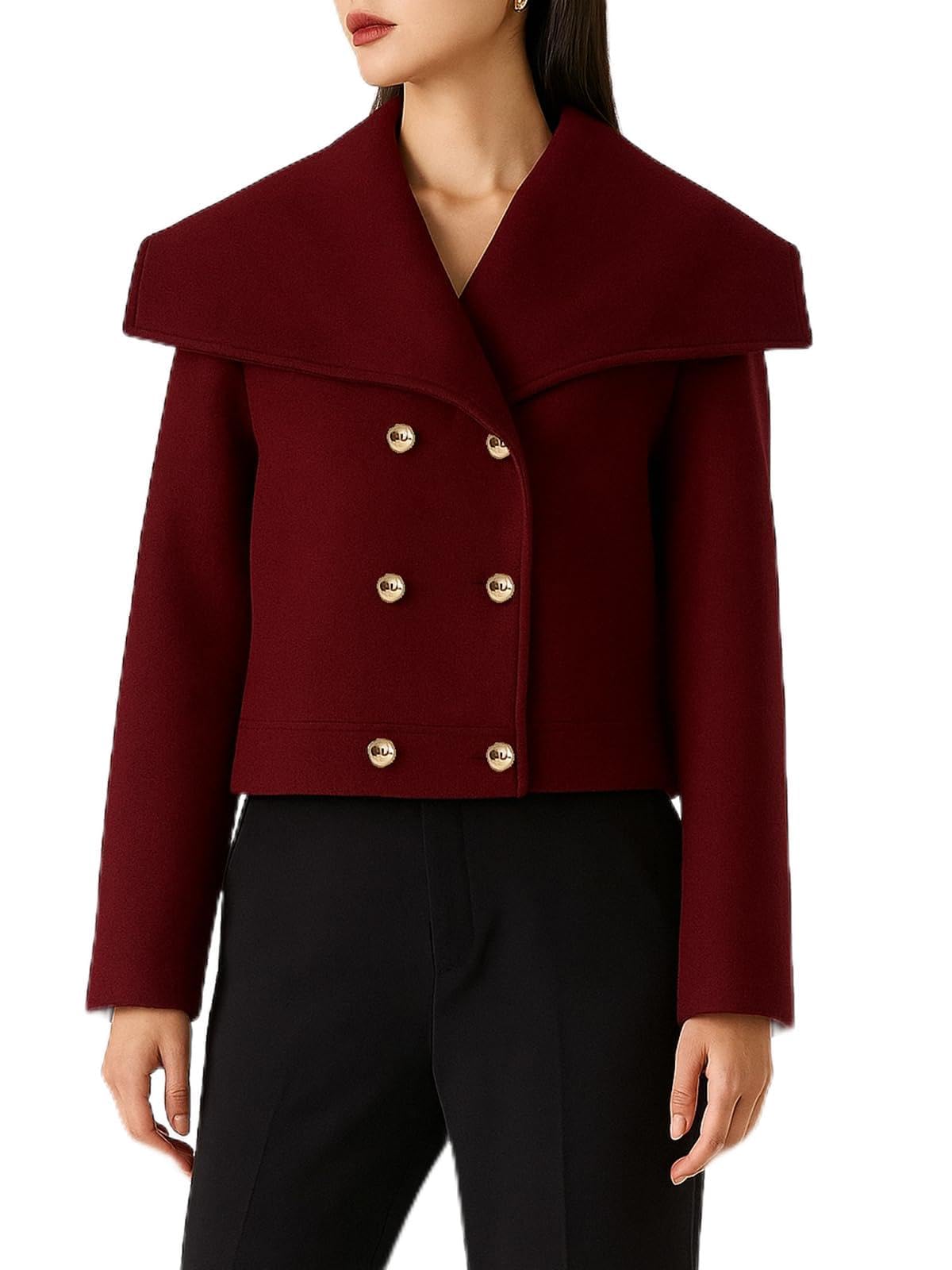 Trendy Cropped Jacket for Women Wide Lapel Collar Long Sleeve Double Breasted Casual Blazer for Women