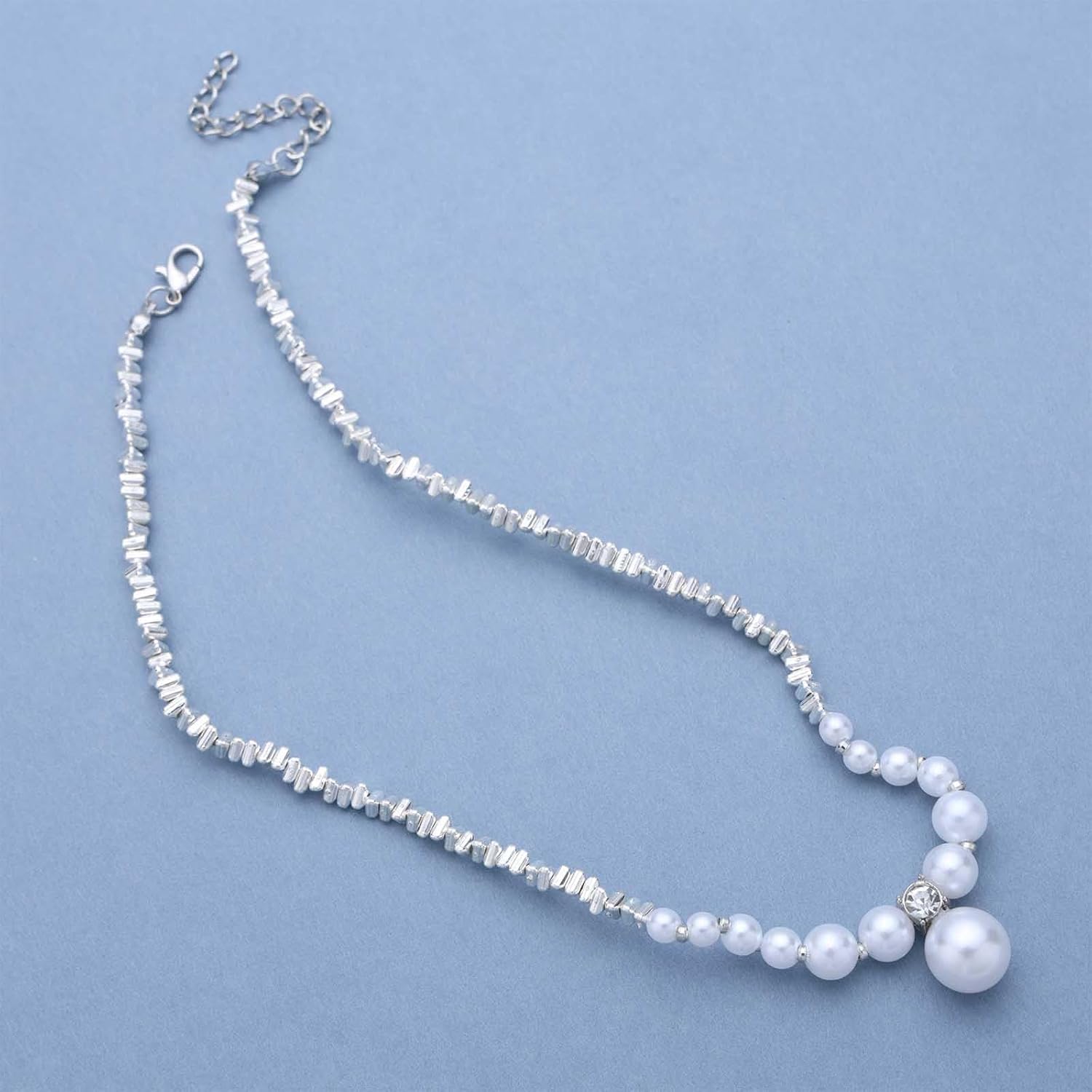 Boho Bridal Pearl Necklace Choker Silver Crystal Pearl Necklace Pearls Bead Collar Necklaces Minimalist Wedding Necklaces Round Bead Choker Pearls Drop Pendent Jewelry for Women - Image 4