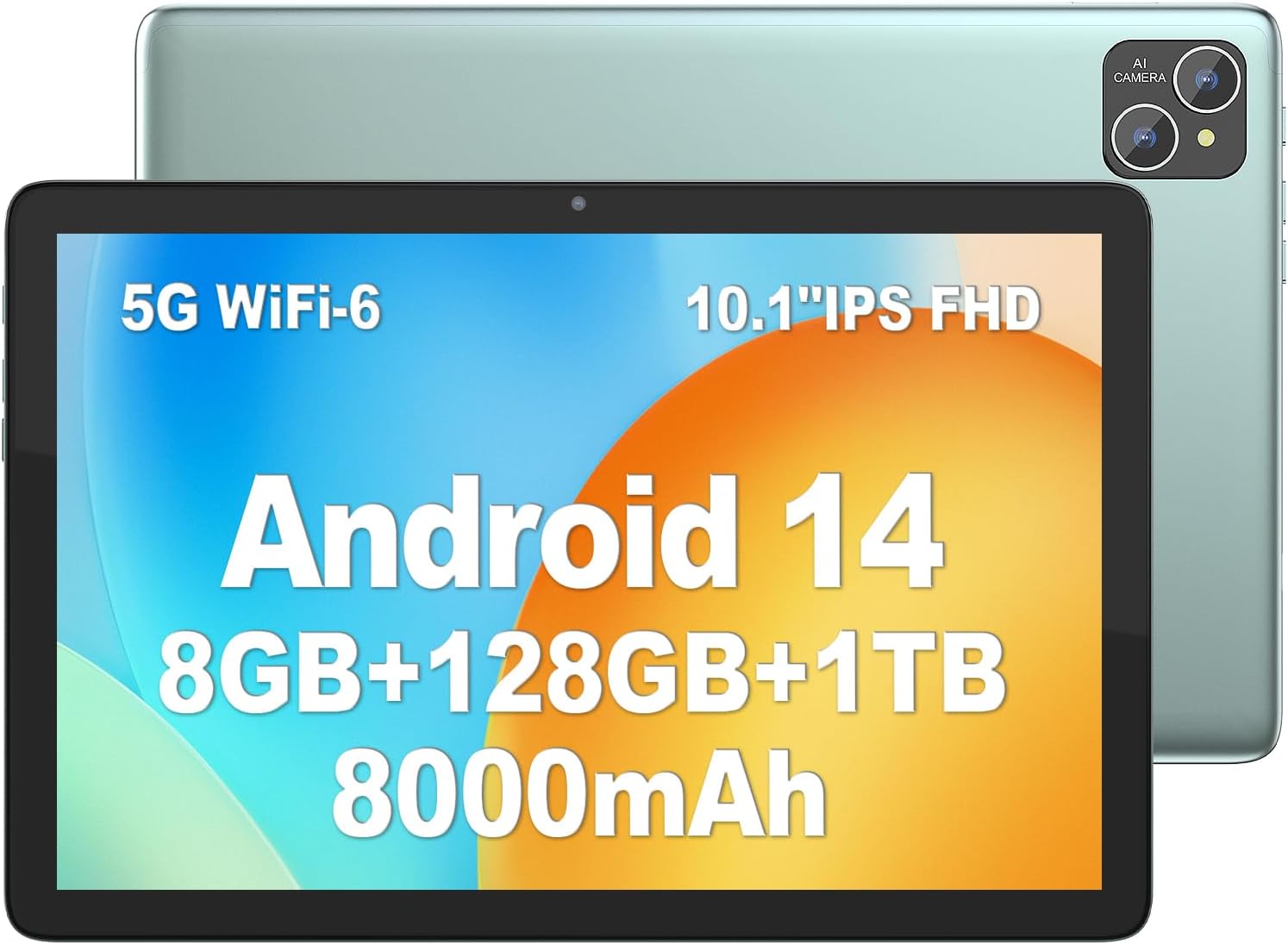 Puttech Android 14 태블릿 10.1 인치 태블릿, 128GB + 8 (4+4 확장) GB 1TB 확장, 8000mAh 배터리, 옥타 코어 프로세서, 5G Wi-Fi 6, 2+8MP 듀얼 카메라, 블루투스, 1280 x 800 FHD iPS 태블릿 PC