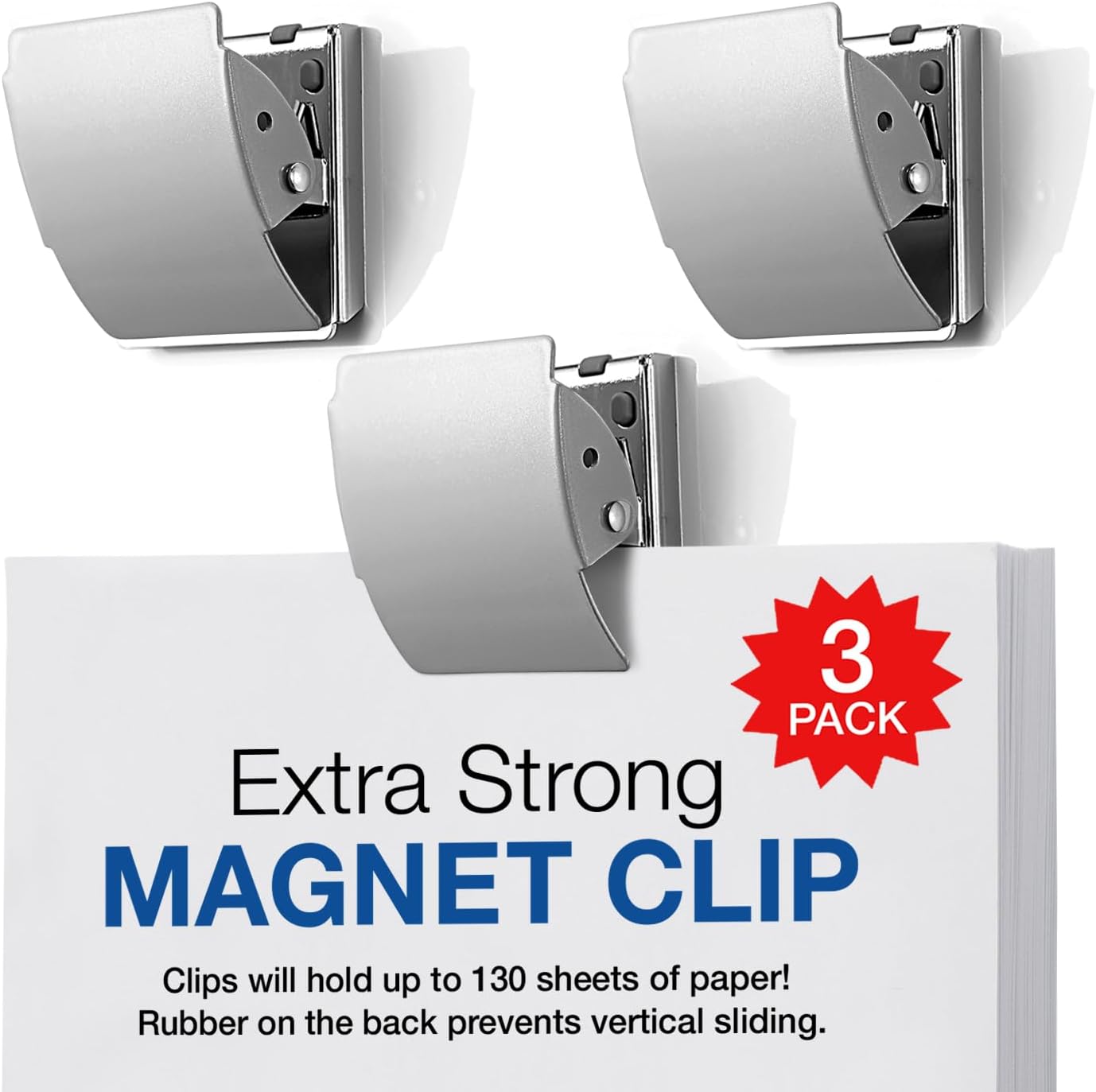 Plus Super Strong Magnetic Clips 3 Pack SILVER Holds a 130 sheets without slipping (60457)
