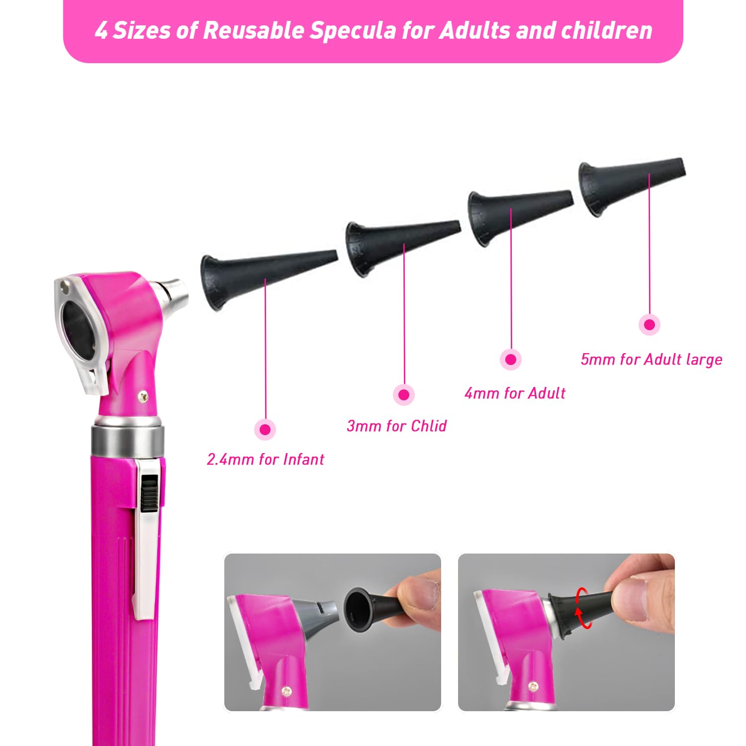 Scian Otoscope - Ear Scope with Light, Pocket Ear Diagnostic Kit with 3X Magnify Lens & 8 Speculum Tips for Kids,Elders,Dogs,Home Use (Pink)