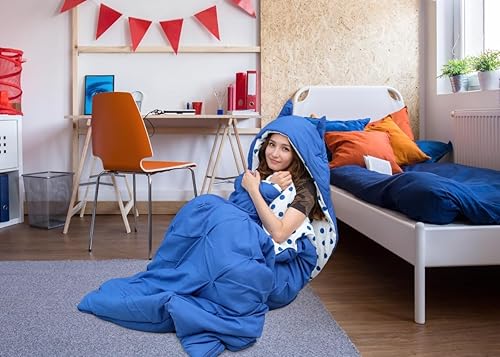 Jerry - Saco de dormir con capucha para orejas de gato, diseño plisado, color azul y blanco