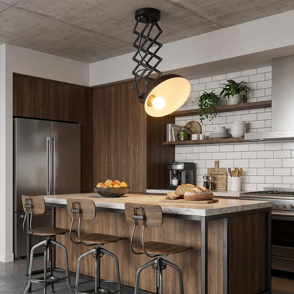 BARCELONA LED Vintage Industrielle Deckenlampe Ausziehbar Scherenarm Pendelleuchte E27, Metall Schwarz Matt, 220–240V, 40W, Verstellbar, Wohnzimmer Küche Schlafzimmer Büro Loft Beleuchtung