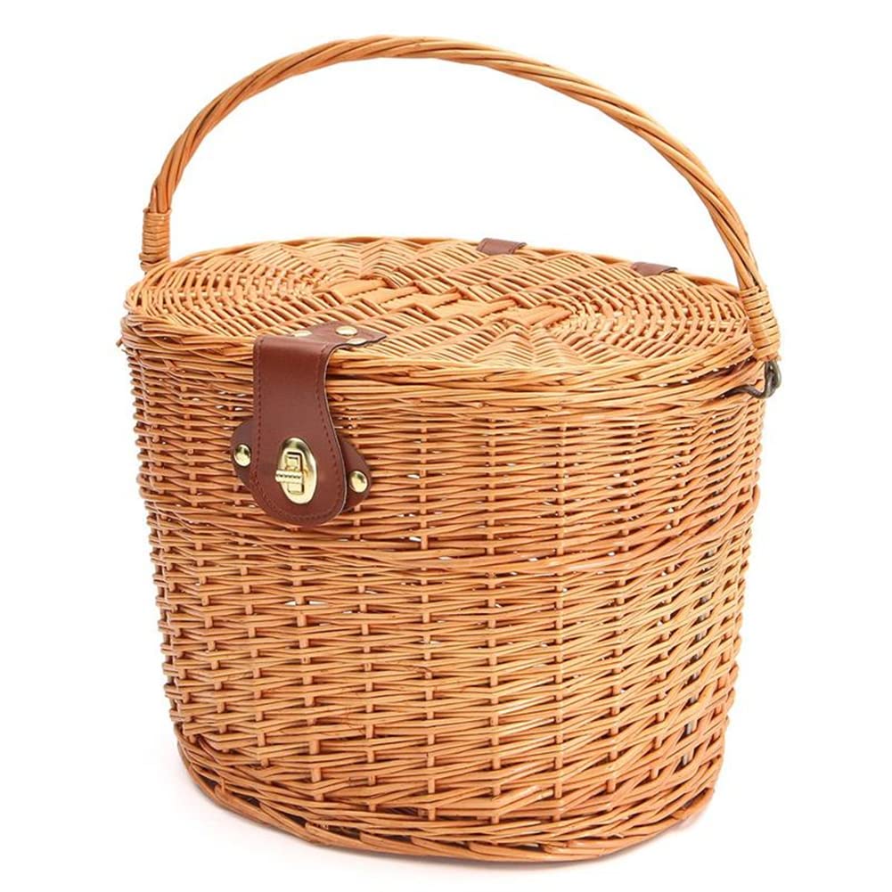 Fulenyi Wicker Front Basket with Handle and Lid for Bikes 33 x 25 x 24 cm