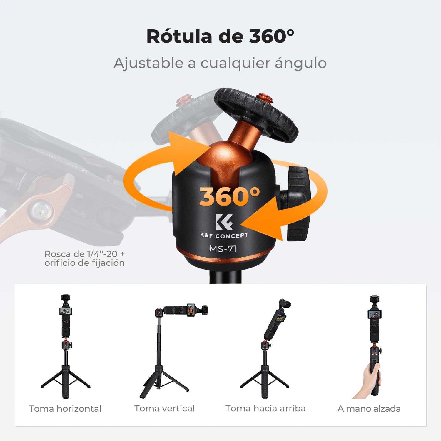 K&F CONCEPT MS71 Palo Selfie 65CM, Mini Trípode Abre con Un Solo Clic, Trípode para Móvil con Rótula Esférica y Zapata Fría Compatible con dji Osmo Pocket 4/3, Action 5 y GoPro 13/12