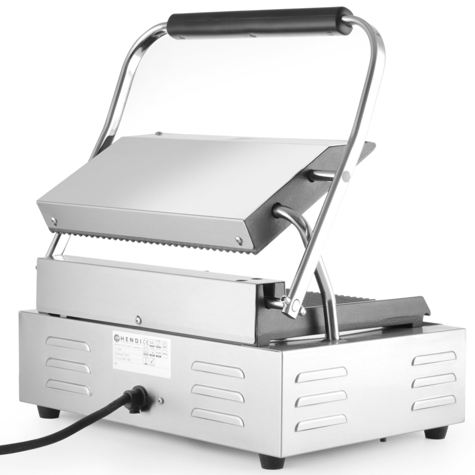 HENDI Kontaktgrill, Panini, gerillte Ausführung, inkl. Grillreinigungsbürste, Temperatur bis 300°C regelbar, Grillfläche 340x235mm, Elektrogrill, 230V/2200W, 430x375x(H)216mm, Edelstahl
