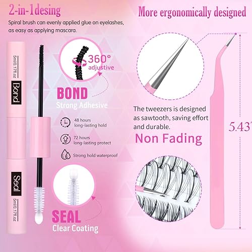 Miniatura 4 de Geeneiya Kit de extensiones de pestañas individuales en racimo, kit de extensión de pestañas tipo D multitipo con pestañas inferiores, enlace de