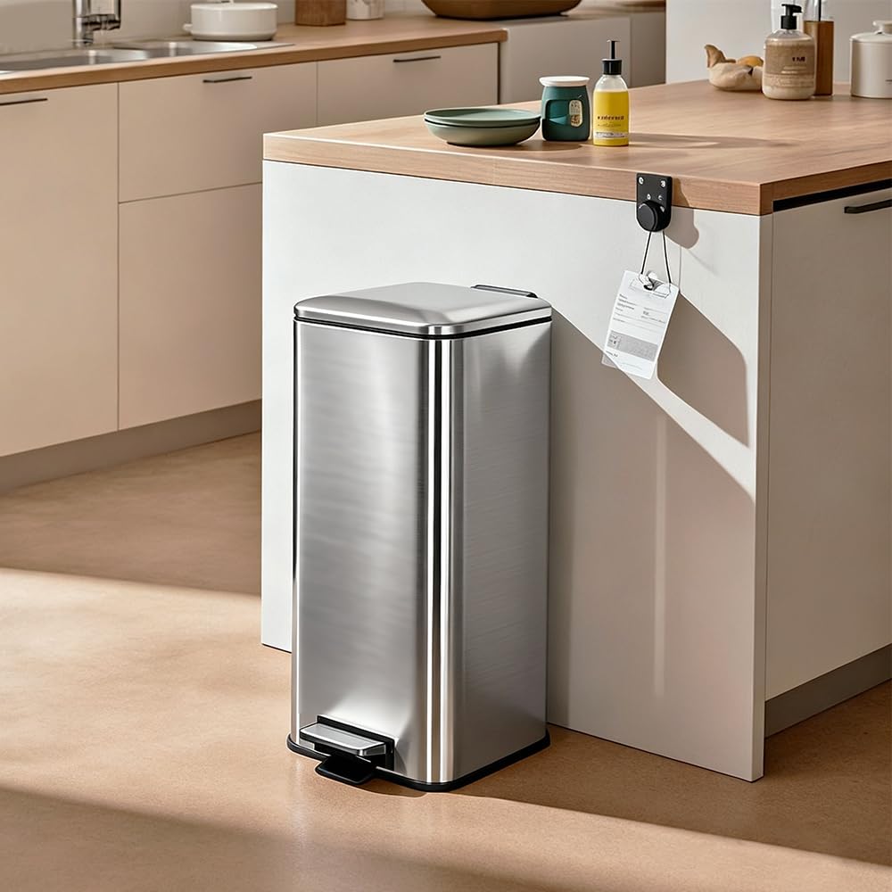 Mülleimer 30L, Abfalleimer mit Fußpedal, Inneneimer, Decke, Weiß | Mülleimer Küche, Quadrat, Stahl, Mülleimer Groß, Edelstah, Mit Metall-Pedal, Softclose Deckel, Für Küche, Büro, Wohnzimmer