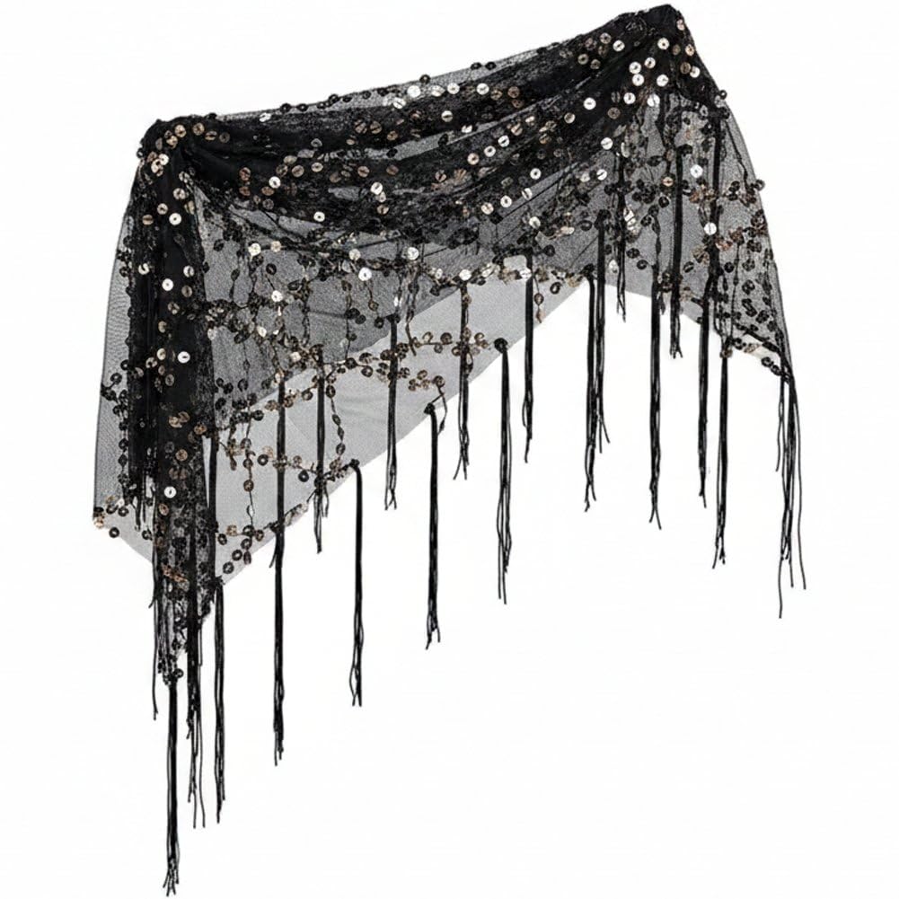 Sparkly Sequins Tassel Dance Hip Scarf, Fringe Wrap Skirt for Women Festival Rave Street Dance Performance