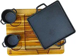 Kit Chapa De Ferro Fundido Com Suporte De Madeira E Molheiras Tábua Churrasco E Cumbuca Carne Petisco Porção Batata