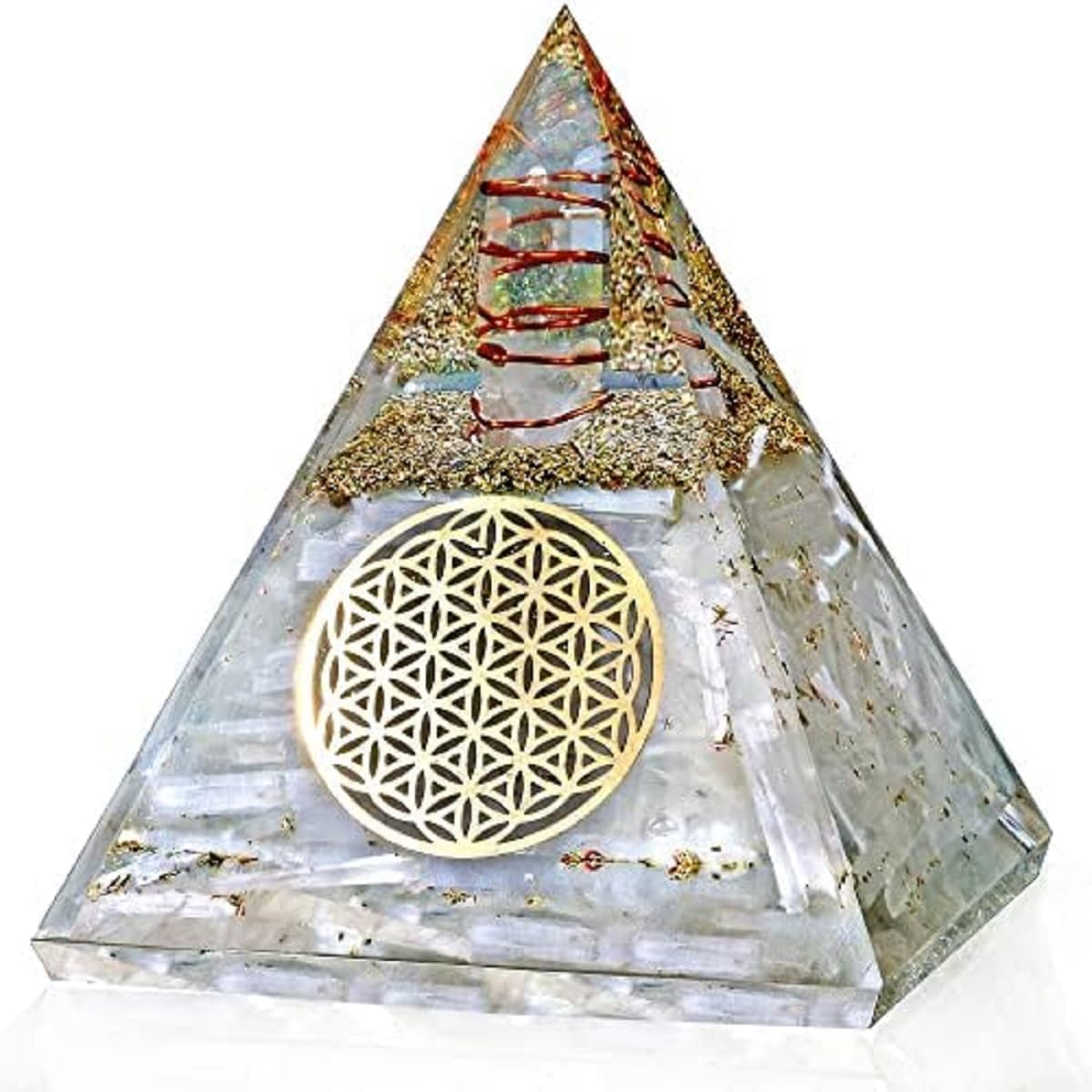 Selenite Glow Orgone Pyramid with Copper Coil โ Handmade Crystal Energy Generator for Manifestation, Meditation & Positive Vibes โ Glows in the Dark by Nilo Crystalsยฎ