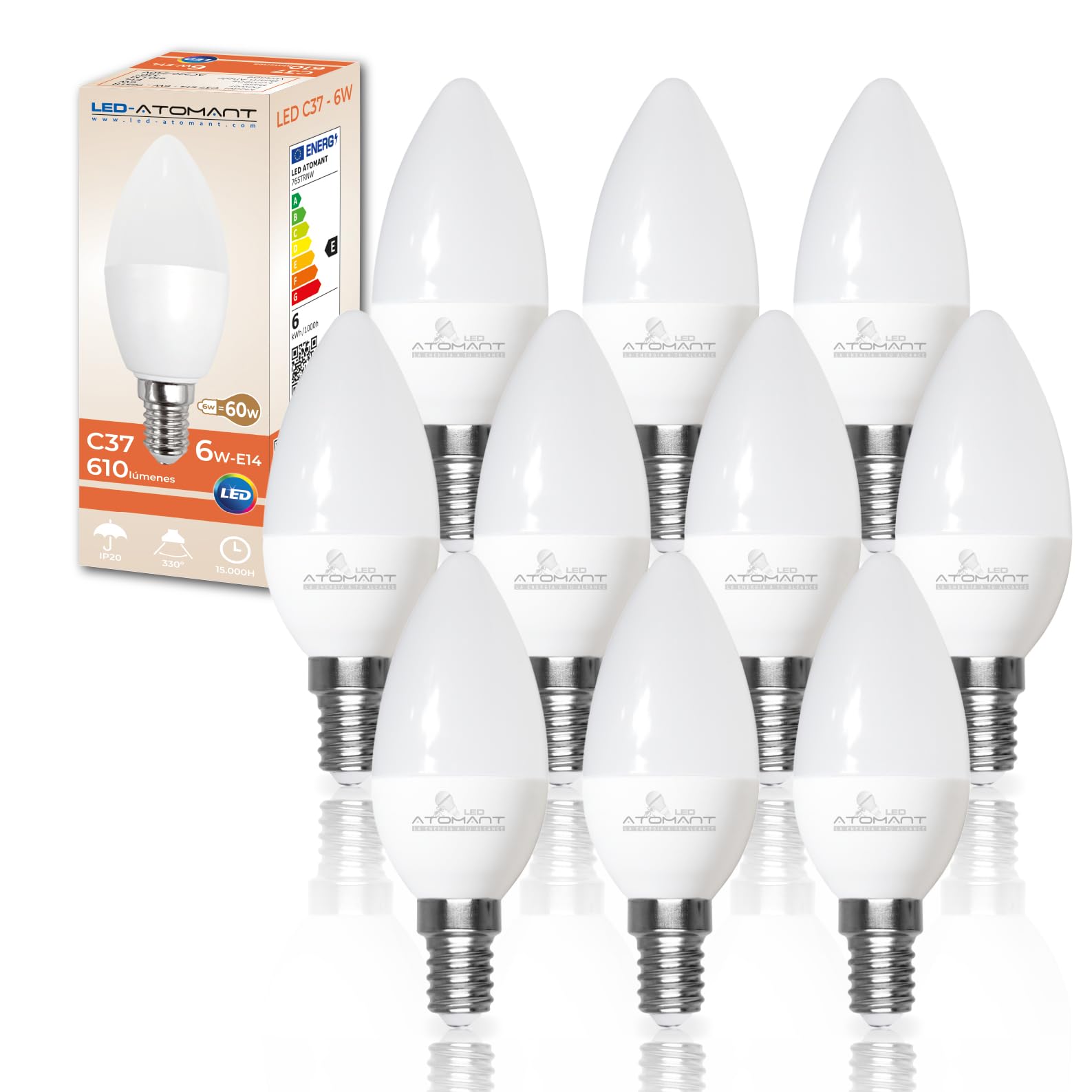 LED ATOMANT Pack 10x Bombilla LED E14 Vela C37 6W, Color Blanco Frio, 610 Lumenes, Casquillo fino, Equivalente a 60W tradicional