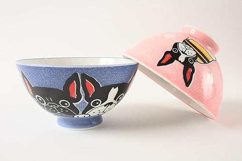 Miniatura 3 de Mino ware Cerámica Japonesa Par Arroz Bulldog Francés Azul y Rosa Hecho en Japón (Importación de Japón) MIG007