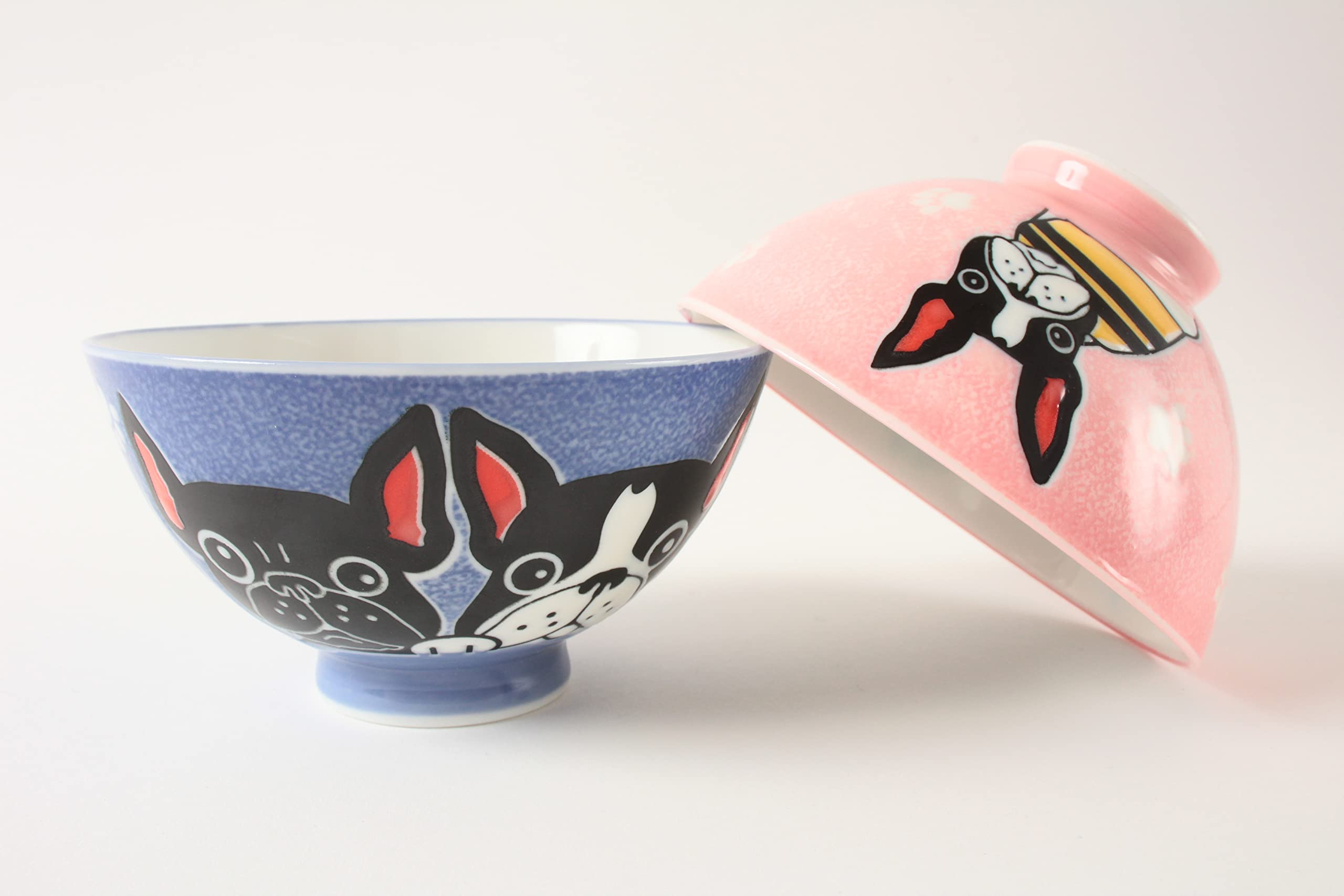 Mino ware MIG007 - Cuenco de arroz de cerámica japonesa, diseño de bulldog francés, color azul y rosa, fabricado en Japón (importado de Japón)