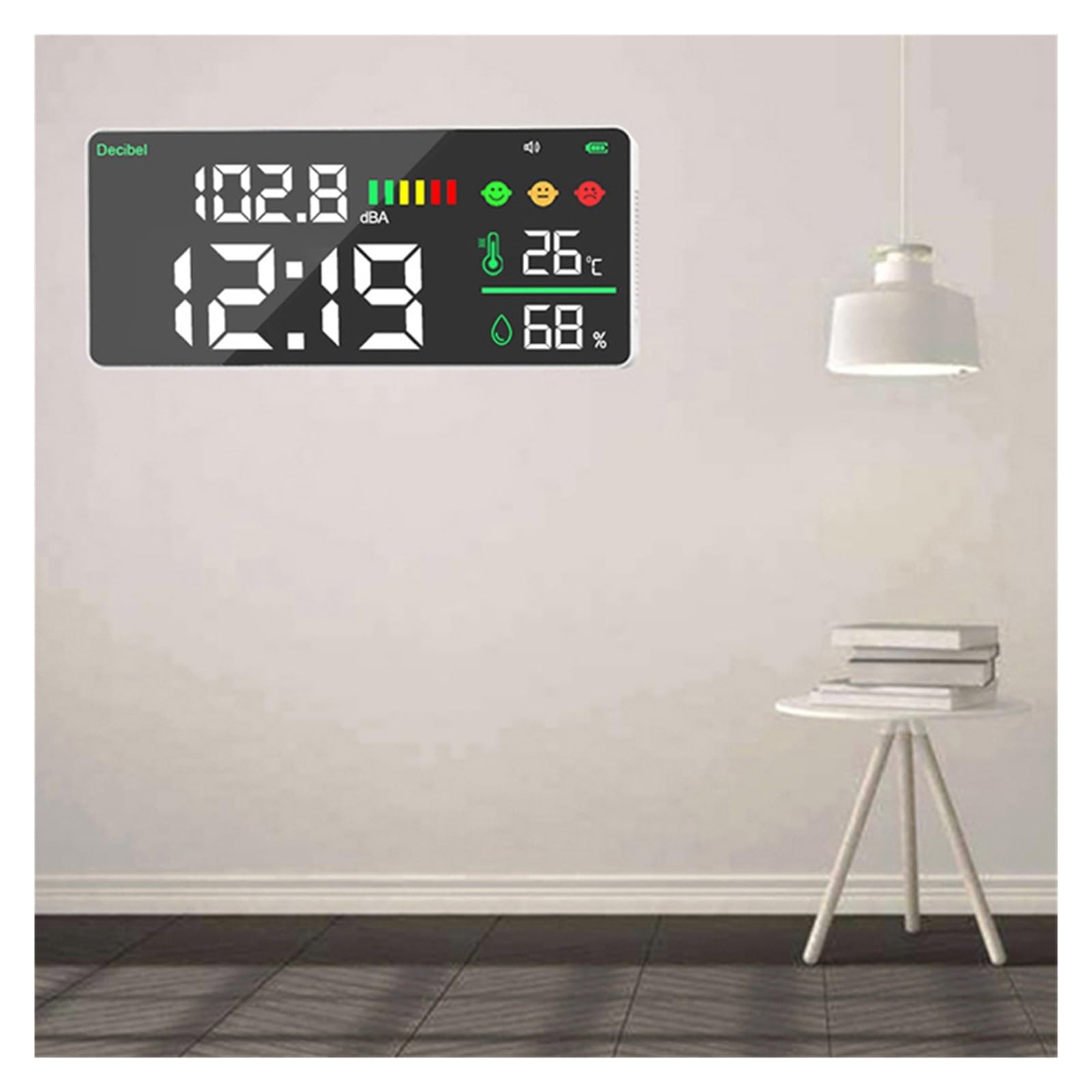 Medidor De Sonido Decibeles Digital Montado En La Pared Probador Ruido Inteligente Monitor Temperatura Y Humedad LED Reloj Pantalla Grande 30~130db PrecisióN Extremadamente Alta