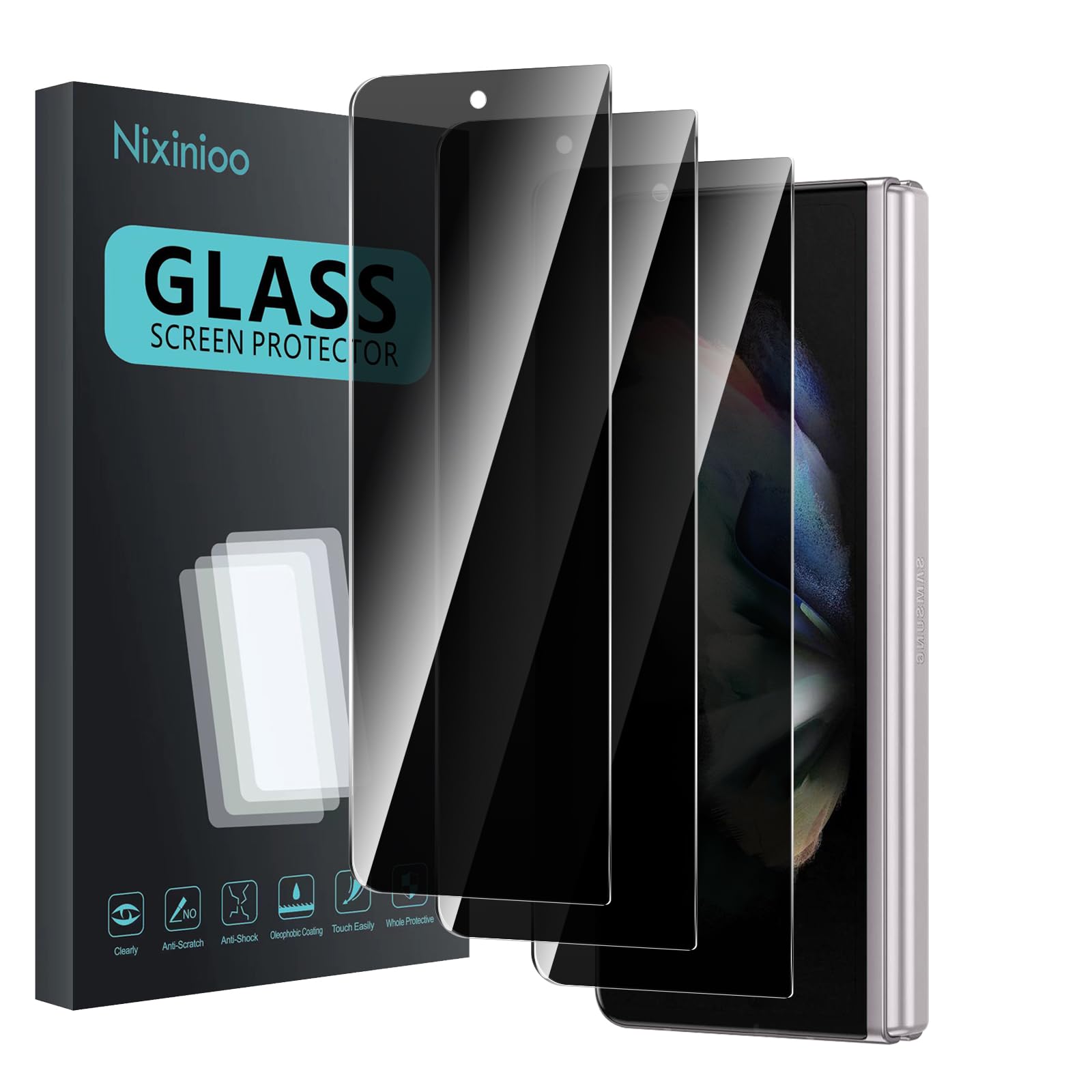 Nixinioo 3 Pack Privacy Screen Protector for Samsung Galaxy Z Fold 3, Anti Spy Tempered Glass 9H Hardness, Black Protector Anti Spy, Bubble Free,