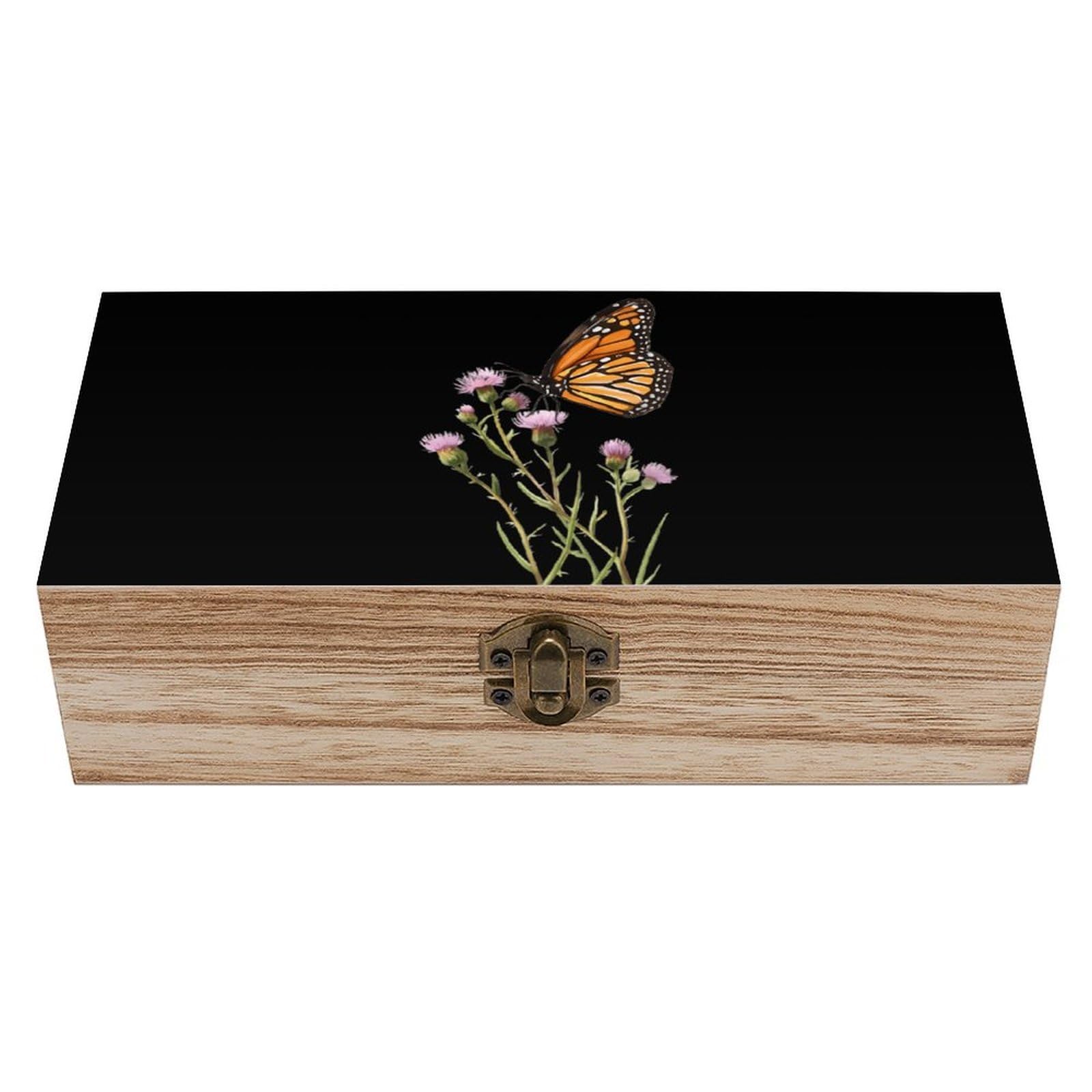HLBSDM Monarch Butterflies Aspen Thistle Wooden Storage Box Craft Memory Keepsake Treasure Chest Box Jewelry Organizer