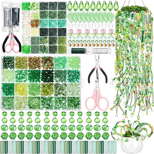 XunYee 8569 Pcs Beaded Plant Kit Green Glass Beads for Plant Making Green Beads Beaded Plants Nature Crystal Glass Leaf Bead for Jewelry Making DIY Craft Kit Plants Lover Gifts(Classic)