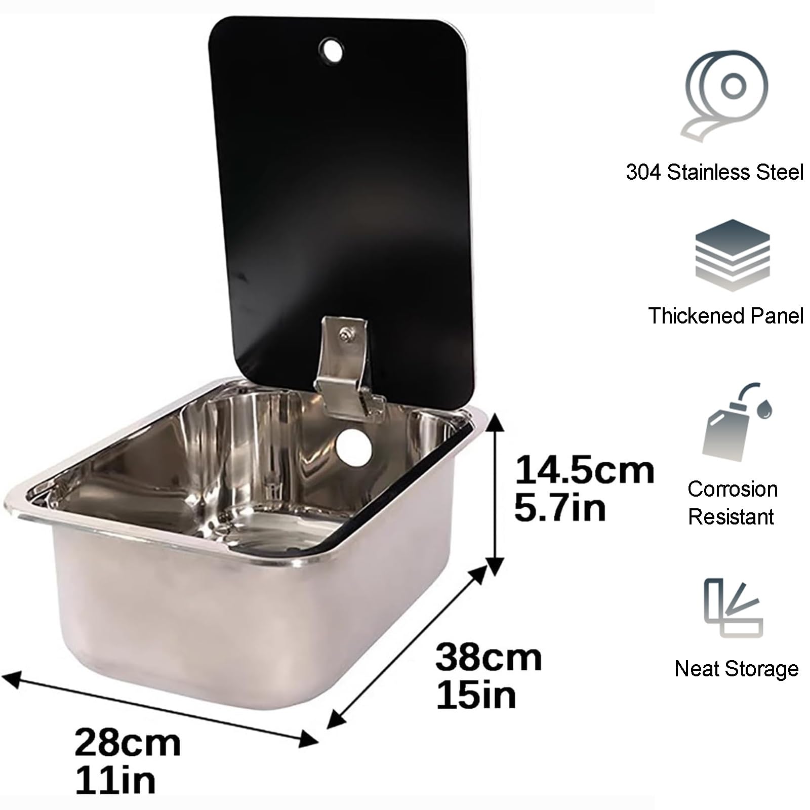 Fregadero para Caravana de Acero Inoxidable 304 con Tapa, 38 X 28 X 14,5 cm, para Exteriores, con Grifo Plegable, Lavabo de Mano, Empotrable