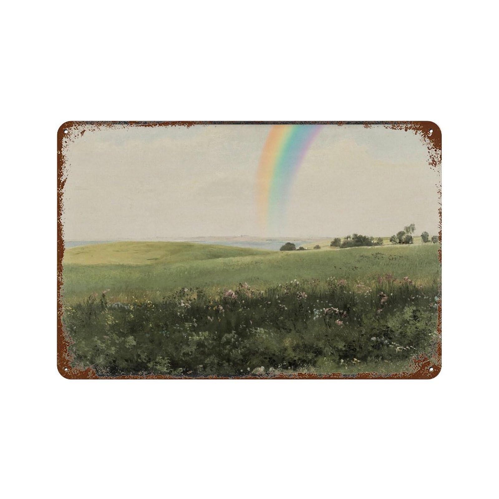 xiaoxiaoshen Vintage Rainbow Coastal Meadow Landscape, Impressionist Wildflower Wall Decor Art Metal Tin Poster Modern Home Decor Art Home Bar Shop Decorations Vintage Sign 20x30cm