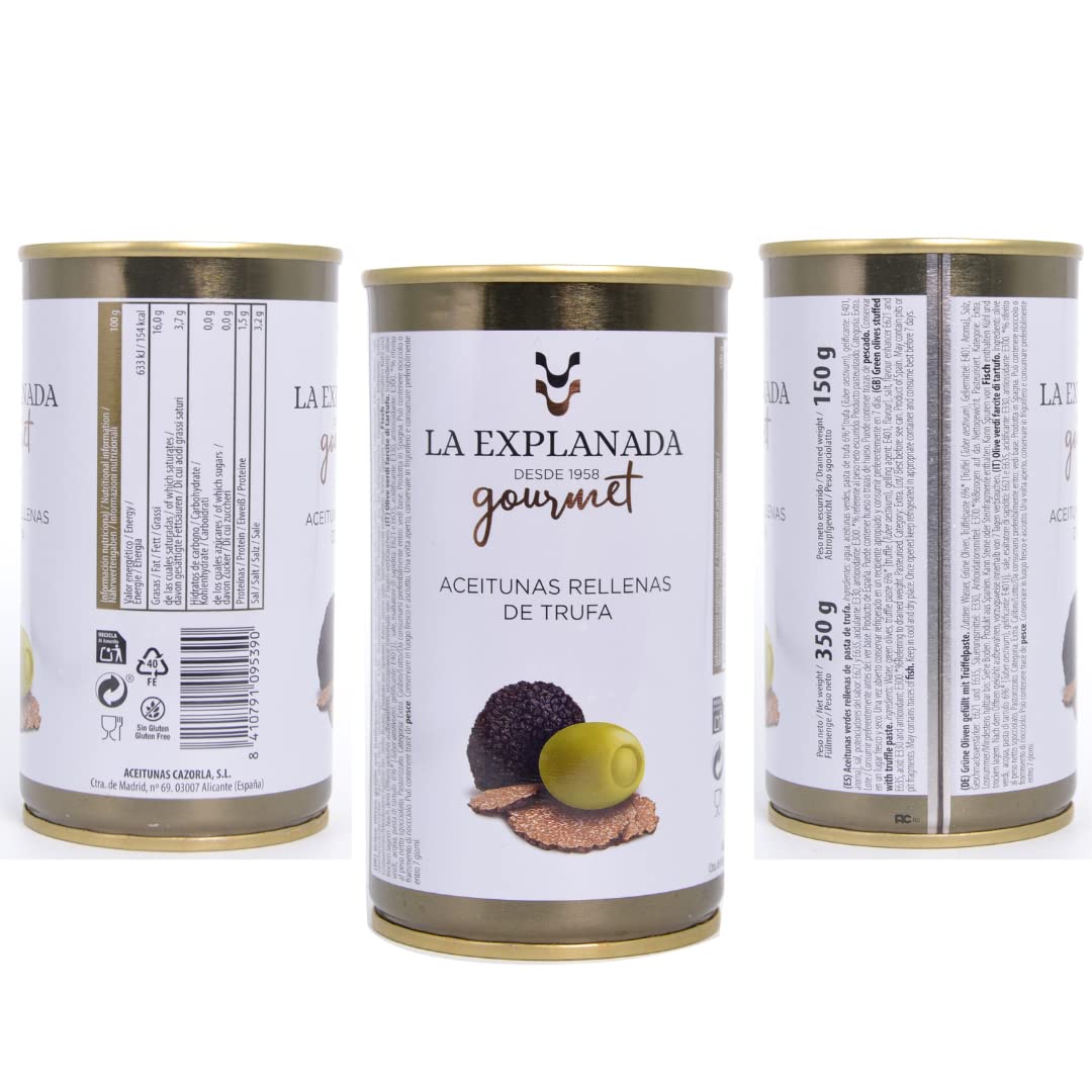 A.S. Cazorla - Packung mit 15 Dosen trüffelgefüllter Oliven Explanada gourmet - Cazorla-Oliven - gefüllte Manzanilla-Oliven - Dosenformat - Nettoabtropfgewicht 150 g - Herkunft Spanien