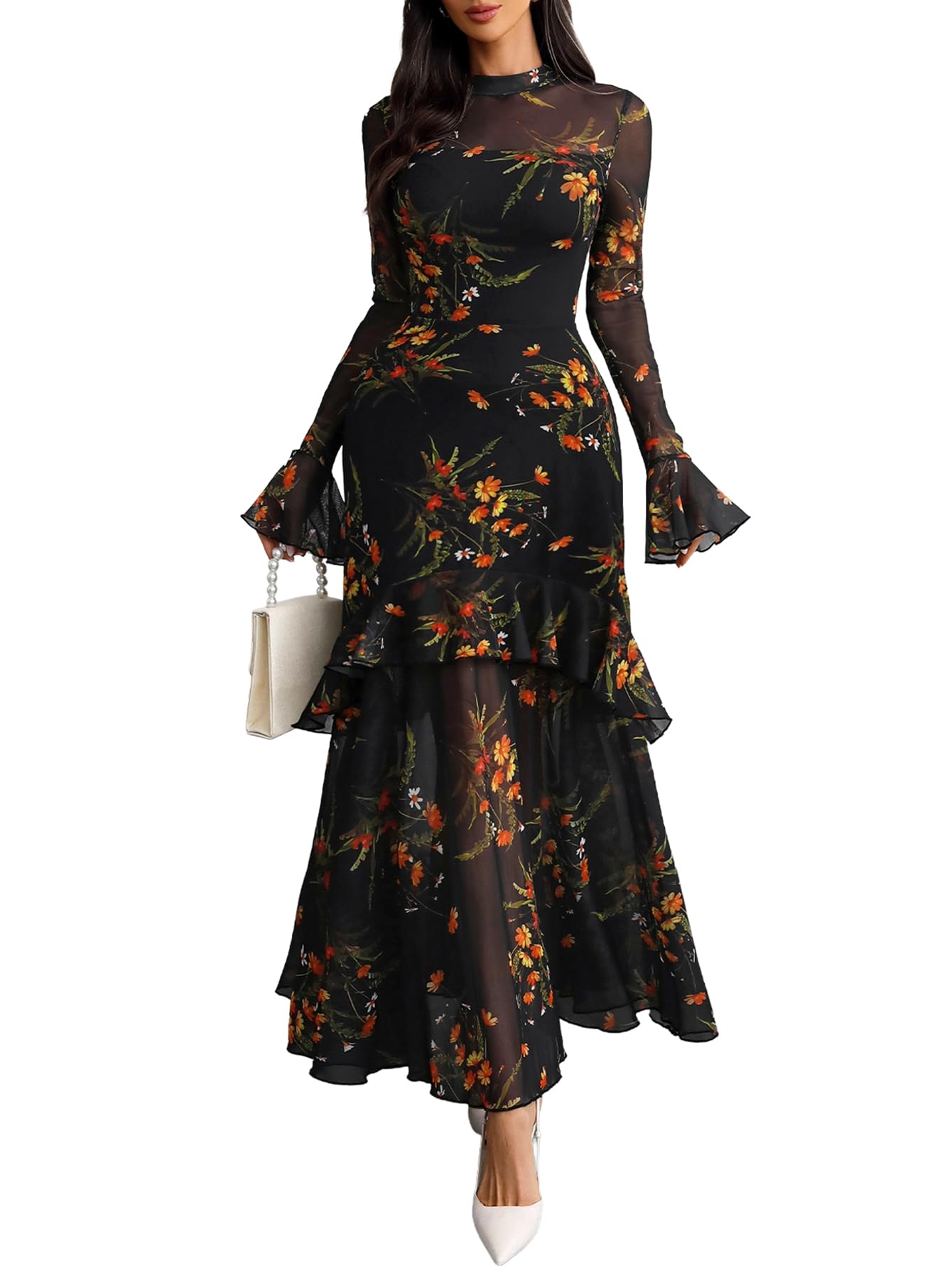 GothDark Womens Floral Maxi Dress Sheer Mesh Bell Sleeve Tiered Ruffle Gothic Romantic Casual Long Dresses