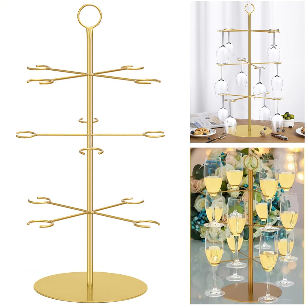 Tour à Boissons Amovible,Tour à Champagne,Support Verre a Pied Suspendu,3 étages 63CM,Peut contenir 12 verres,Amovible,Facile à installer et à ranger,pour Fêtes,Mariages,Pubs,Fêtes de Famille,Couleur